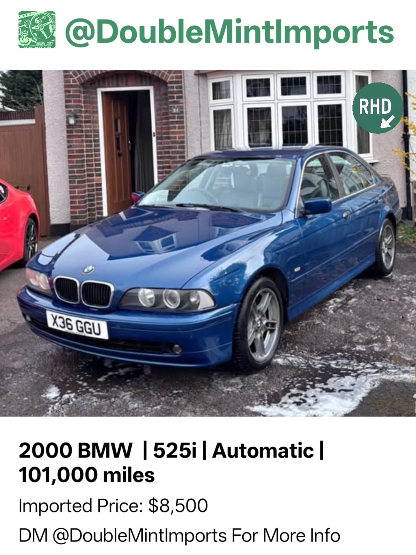 2000 BMW | 525i | Automatic | 101,000 miles
Shipped Price(UK to NY): $8,500
(Includes All Fees: Conversion rate to USD, Shipping, Customs, UK Taxes and Admin Fees)
Mileage: 100,216
SELLERS DESCRIPTION:
2000 BMW
Driven 100,216 km
Automatic transmission
Exterior color: Blue · Interior color: Grey
Fuel type: Gasoline
Here is my Ulez compliant 525i
Geniune reason for sale being that I want another E39 but a 530D so swap/px offers welcome
100K miles FSH and 3 owners me being the third purchasing the car last July and the previous owner having it since 2004 (I have the sales invoice + stacks of other paperwork)
Recently the car has had front drop links + anti roll bar bushes, rocker cover + gasket set, alternator, spark plugs and a gearbox oil change. A few other bits also.
Also having a full service carried out this week, oil change with 5W40, air filter, pollen filter and brake fluid.
Will come on the standard turbine wheels on the style 66s. All of which have a good 6-7mm of tread left with matching tyres all round.
I have lots of pics and vids of jacking points/arches and work carried out etc just ask.
Bad bits - airbag light on due to seats being pre tensioners
Mot until July underside is mint with video to show.
Any more questions do ask, cheers.
Random Quote: "The roar of an engine is music to the soul."
****DM US FOR MORE INFO****
MOT: No DVSA tests found.
#bmw #525i #automatic #miles #imported