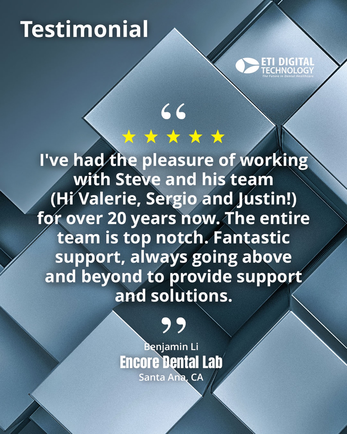 Big thanks to enCore Guards in Santa Ana, CA for the 5āļø love! šš¼
Ā
Weāre grateful to be part of your digital dentistry journey and appreciate the trust you place in our team. Always a pleasure working with you! š¦·š
Ā
Ready to level up your lab?
š (714) 238-1490
š§ sales@etidigitaltechnology.com
š www.etidigitaltechnology.com
.
#ETIDigitalTechnology #DigitalDentistry #DentalLabLife #CustomerLove #Testimonial