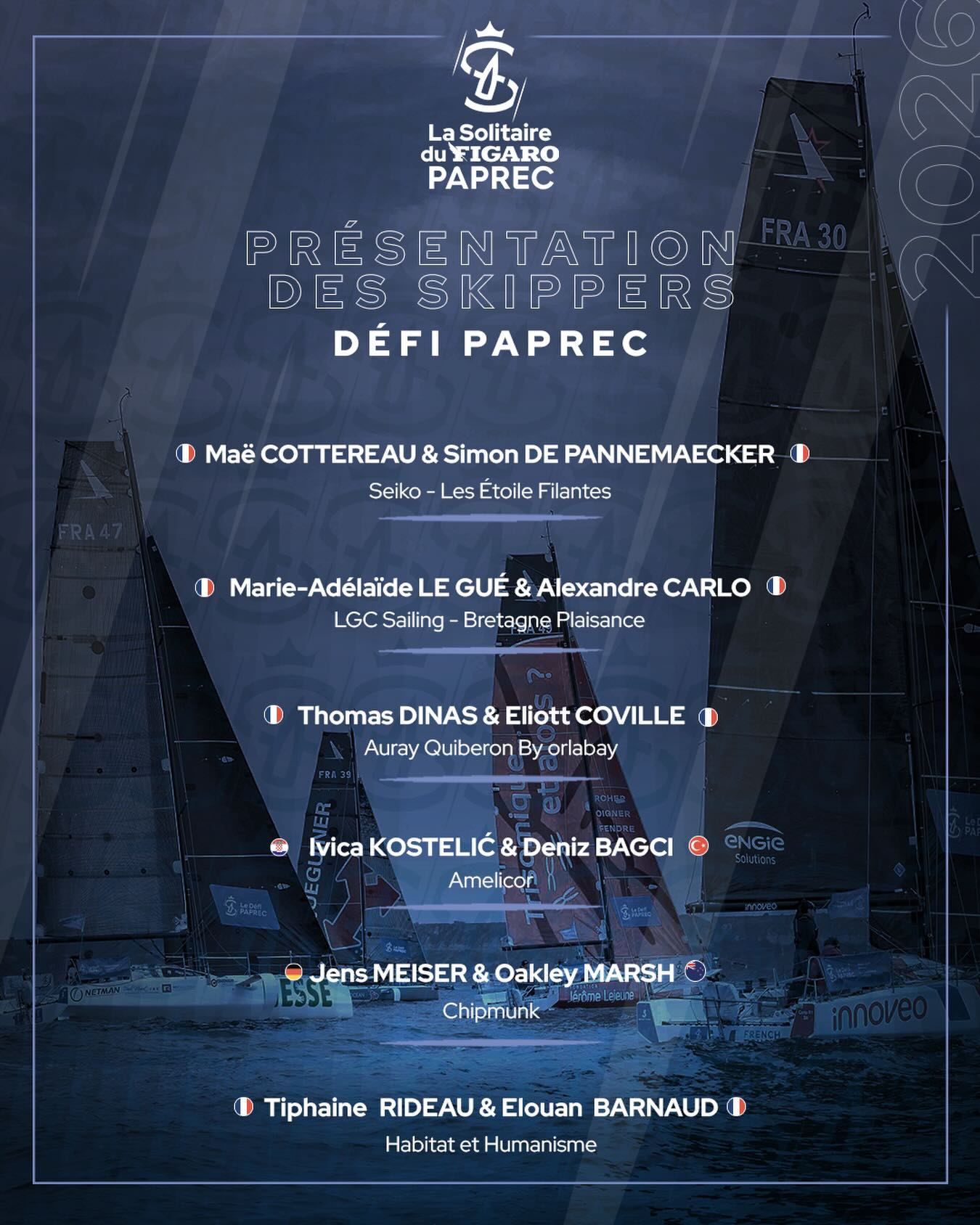Le Défi Paprec est de retour sur cette édition de La Solitaire du Figaro Paprec ! 🔥
Pour rappel le Défi Paprec se court en double sur la première étape entre Perros-Guirec et Vigo. 🧍♂️🧍♀️
Co-construit entre @paprecgroup et @ocsport_ Pen Duick, cette initiative a pour vocation d’attirer et de former une nouvelle génération de skippers en Figaro BENETEAU 3 en leur permettant de vivre une première expérience de La Solitaire du Figaro Paprec en double.
Voici la liste des inscrits sur cette 3e édition 👇