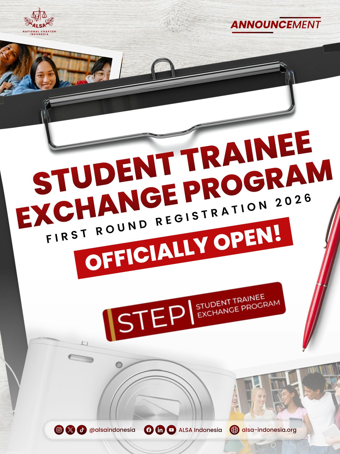 Greetings, ALSAians!
The Asian Law Students’ Association (ALSA) International proudly presents STEP 2026, a distinguished programme designed to provide law students with the opportunity to engage in international legal internships across various reputable institutions in Asia. This programme aims to bridge the gap between academic legal studies and professional practice, while fostering a deeper understanding of diverse legal systems and cultural perspectives.
Through STEP, participants are expected to develop practical legal skills, expand their professional network, and gain valuable cross-border experience that will contribute to their future legal careers in an increasingly globalized environment.
ALSA, Always be One!
