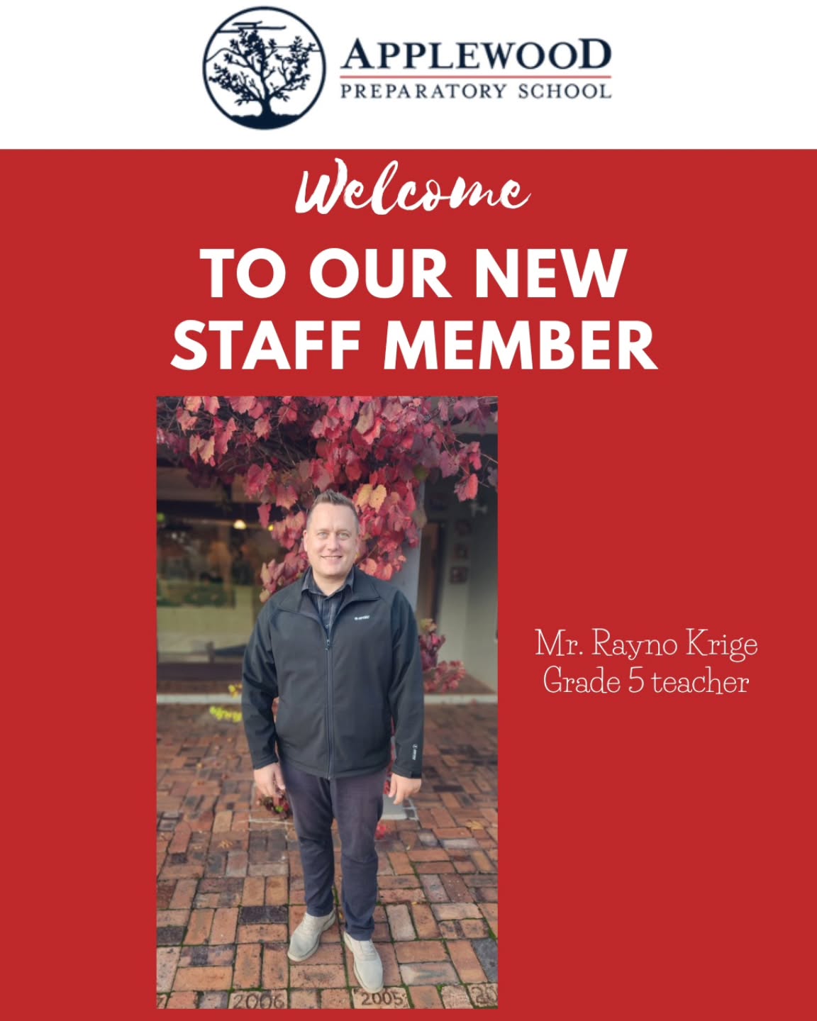 🌟 Welcome to the Applewood Family! 🌟
We are delighted to welcome our newest staff member to Applewood! 🍎✨
We are so excited to have Mr Rayno Krige join our team and become part of our community.
Wishing you many happy and successful moments as you begin this new journey with us. We are so glad you’re here!
#WelcomeToApplewood #ApplewoodFamily #NewBeginnings