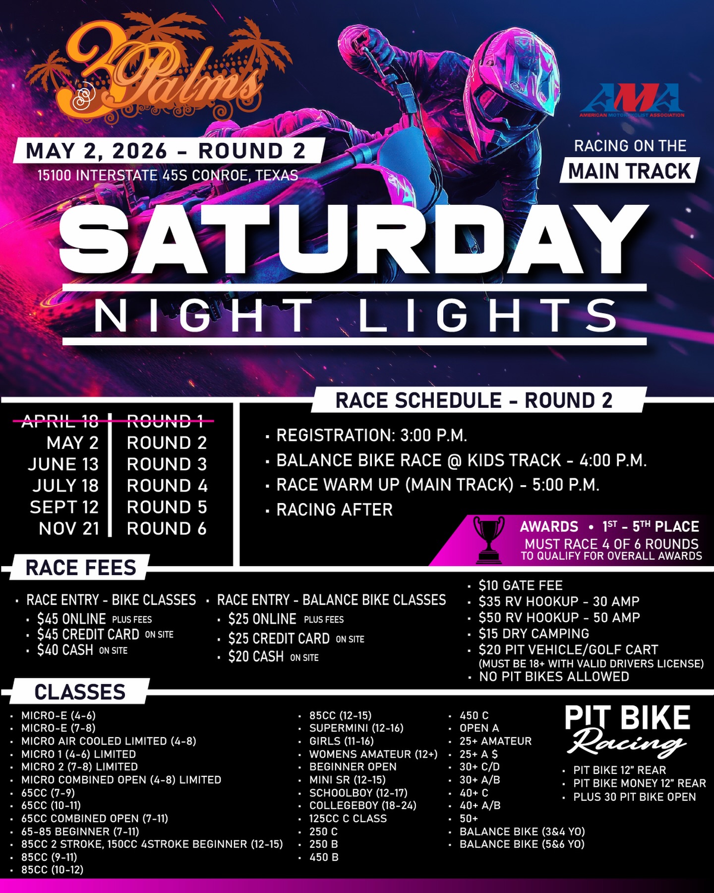 2 more days until Round 2 of Saturday Night Lights 🏁
We will be racing on the Dirtbike Connections Main Track! Race Registration opens at 3 p.m..
Balance Bike race starts at 4 p.m. on the kids track!
Bring your family and friends and enjoy a fun evening of gate drops and good times.
🔴Registration is open on our website
🔴 AMA Membership is required to race