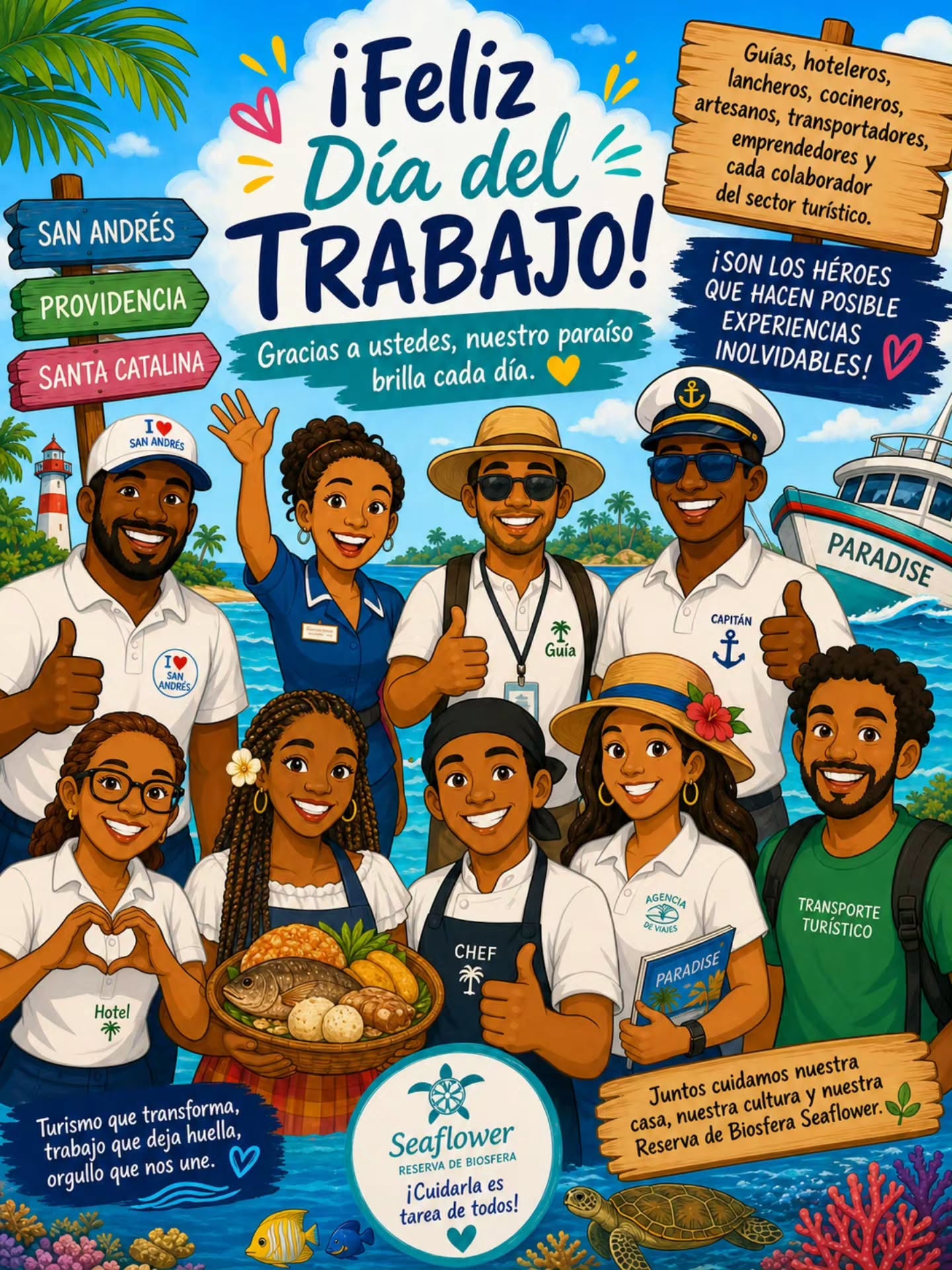 🌴💼 Hoy celebramos a quienes hacen posible la magia del Caribe.
En San Andrés, Providencia y Santa Catalina, miles de manos trabajan cada día para que vivas una experiencia inolvidable: guías, hoteleros, lancheros, cocineros, agencias de viajes y muchos más. 💙
✨ Detrás de cada sonrisa, hay esfuerzo, compromiso y amor por nuestras islas.
Hoy más que nunca, te invitamos a viajar de forma consciente:
✔️ Apoya el turismo legal.
✔️ Elige prestadores formales.
✔️ Valora el trabajo local.
Porque cuando eliges bien, también contribuyes al desarrollo de nuestro destino y ayudas a proteger este paraíso que es de todos.
📲 Planifica tu viaje con operadores confiables y sé parte de un turismo responsable.
#DíaDelTrabajo #TurismoLegal #SanAndrésyProvidencia #GuíaParadise