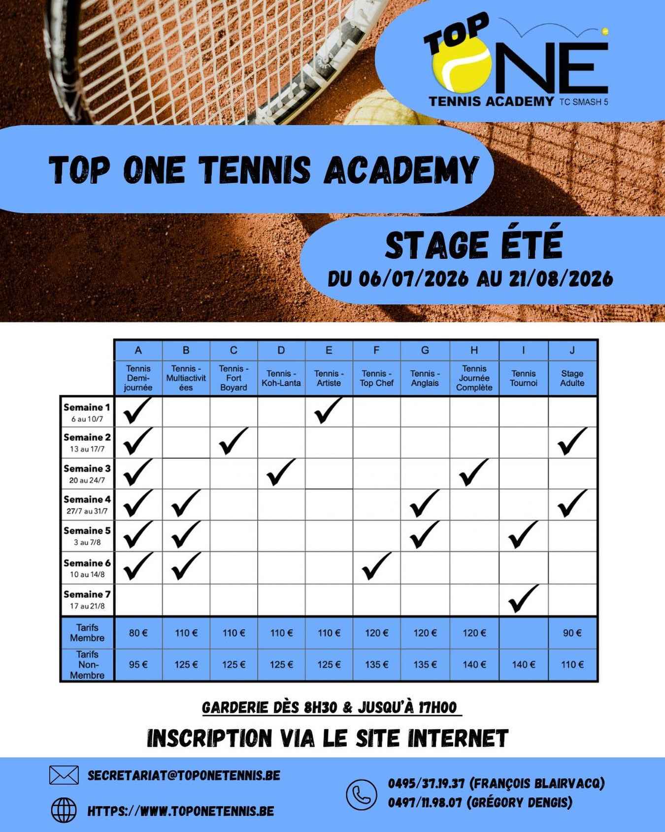 Stages été 2026 😎🎾
Les inscriptions sont ouvertes 🤩
Inscription sur le site internet de l’école de tennis : https://www.toponetennis.be/formule/stage-juillet-aout