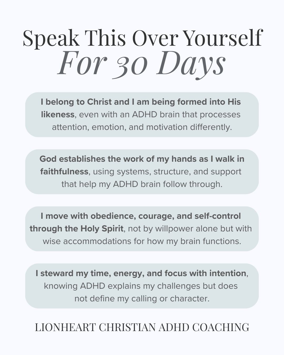 These declarations are not hype—they are formation.
ADHD explains challenges, but the Holy Spirit empowers faithful flourishing through wise structure and support.
If you want help living this out daily, book a discovery call.