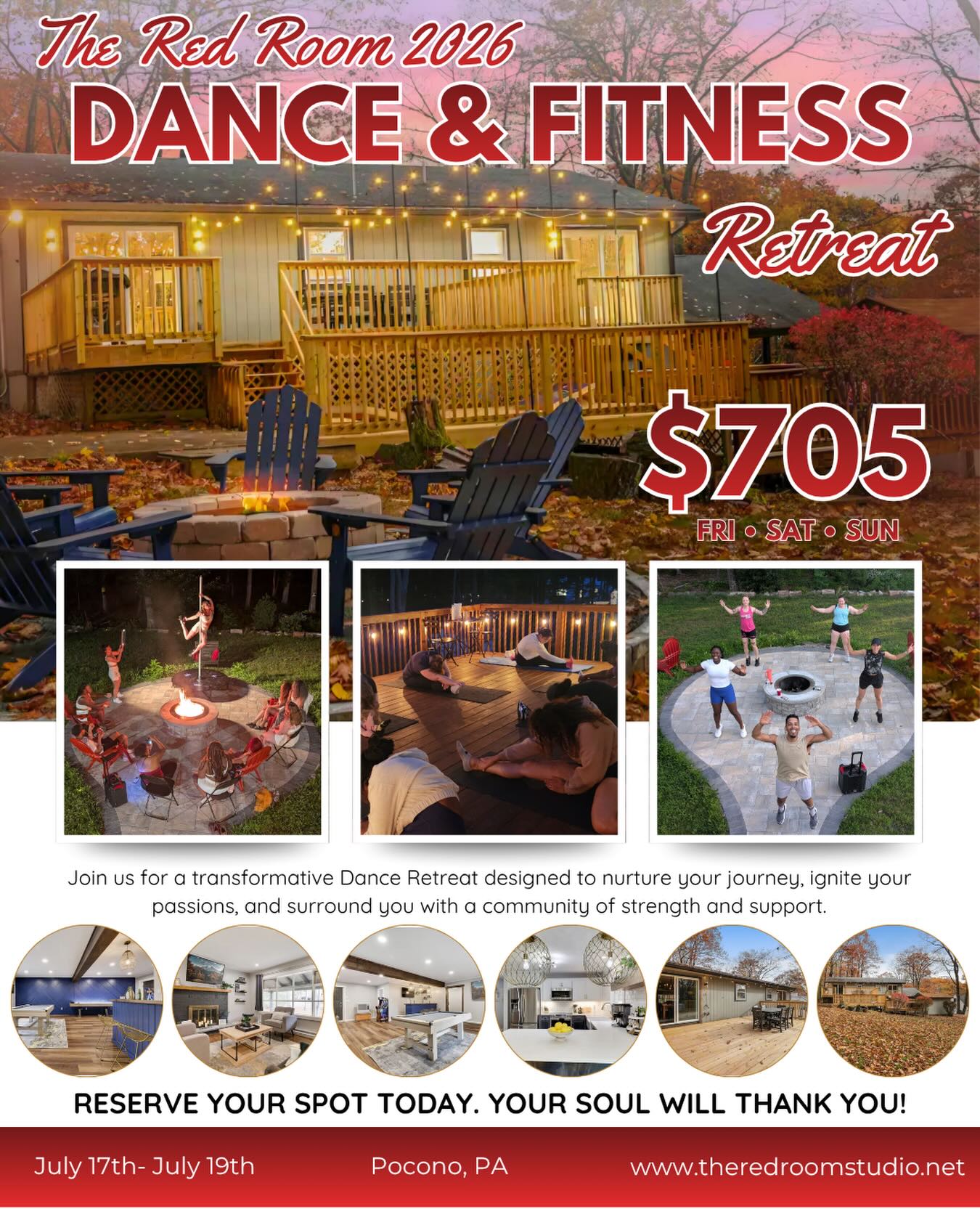 Dance & Fitness Retreat
A weekend to get away from the everyday life style and step into nature. Join us for our part 2 D&F Retreat this year in the Pocono, PA.
All details can be found online under our Event tab at www.theredroomstudio.net
✨Book your spot today, limited availability
We can’t wait to host another retreat for our wonderful community! Expect goodie bags, good food, & great vibes 💖
#theredroomstudio #retreat2026 #communitygetaway #poconomountains #retreatlife