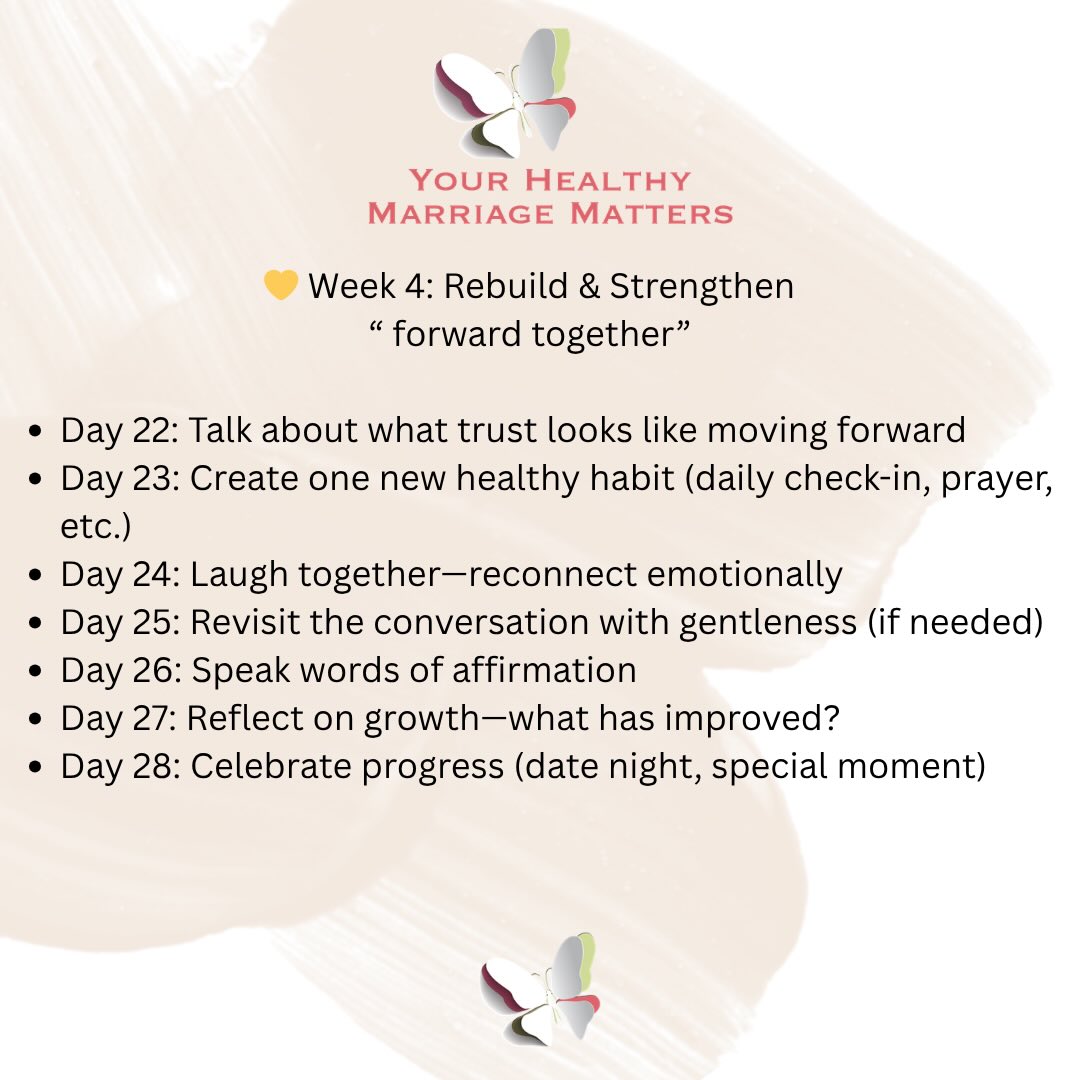 Week Four of our Forgiveness Challenge for Couples. Take one step each day toward healing, freedom, and a stronger marriage.
Let’s grow together. 🌱
#ForgivenessChallenge #MarriageHealing #StrongerTogether #YHMM