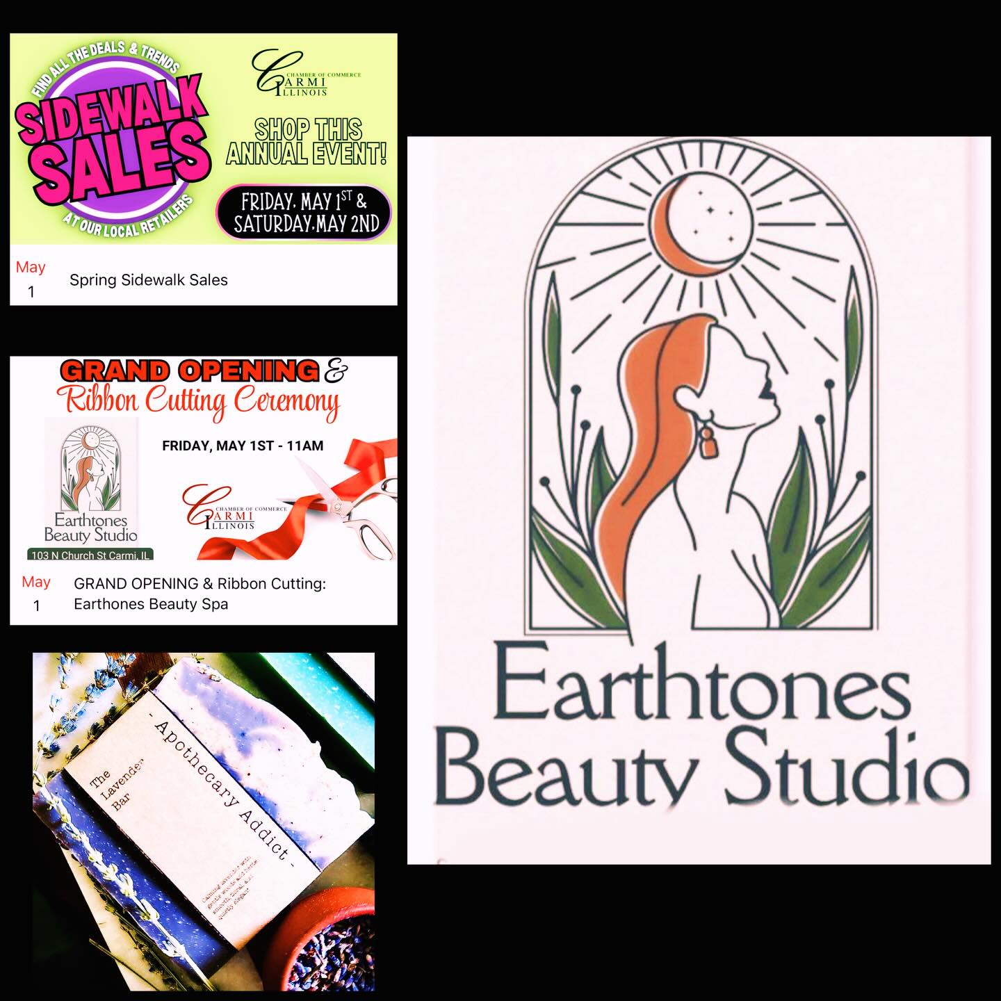 ✨ Tomorrow in Carmi, IL! ✨
Come see @apothecary.addict during the Spring Sidewalk Sales downtown and celebrate the Grand Opening of Earthtones Beauty Studio @earthtones__beauty_studio at 103 N. Church St. 🌿🤍
🛍 I’ll be there 9 AM–4 PM with my handcrafted soaps & botanical goodies
🎀 Ribbon Cutting begins at 11 AM
I’ve also created two special soaps for her “Zen Den collection from Apothecary Addict,”made especially for Earthtones Beauty Studio. ✨
A beautiful new private beauty studio bringing relaxing boho self-care vibes to Carmi — be sure to stop in and show Earthtones Beauty Studio some love! 🤍
#CarmiIL #ShopSmall #GrandOpening #SidewalkSale #ApothecaryAddict