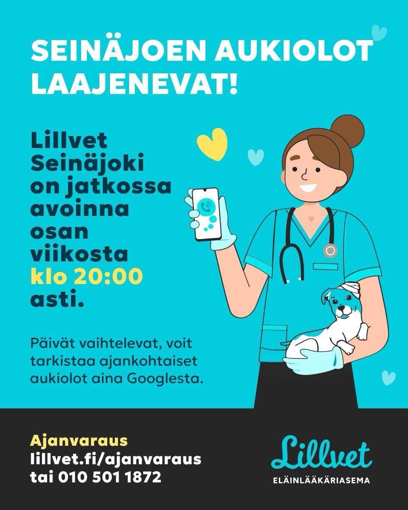 Lillvet Seinäjoki palvelee myös iltaisin! 🩵
Olemme osan viikosta auki klo 20 asti.
Tulevilla viikoilla palvelemme iltaan asti:
🐱 Ma 11.5., 18.5. ja 25.5.
🐱 Ti 12.5. ja 26.5.
🐱 To 30.4., 7.5. ja 21.5.
🐱 Pe 8.5.
Tervetuloa Lillvettiin myös työpäiväsi jälkeen!
lillvet.fi/ajanvaraus
Voit kätevästi aina tarkistaa ilta aukioloaikamme myös Googlesta.
