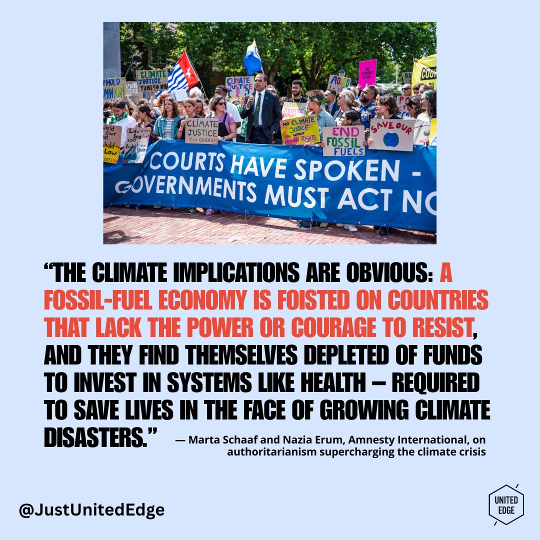 Authoritarianism isn’t just a political issue; it’s a climate issue. As power consolidates, so does control over fossil fuels, narratives, and dissent, locking us deeper into crisis. When science is undermined, and civic space shrinks, climate action becomes not just harder but more dangerous. The fight for climate justice is inseparable from the fight for democracy and human rights. Read this analysis from @amnesty https://bit.ly/4dlluDn
#ClimateJustice #HumanRights #Authoritarianism #ClimateCrisis #Futures