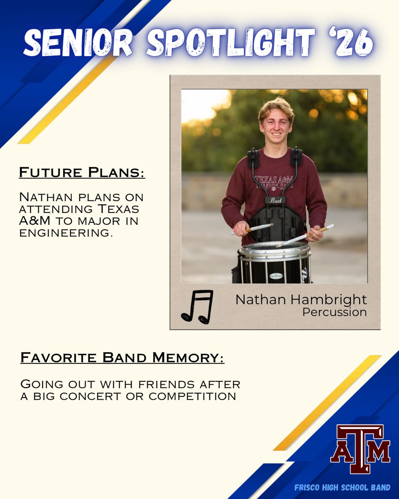 🚨SENIOR SPOTLIGHT 🚨
Congrats Nathan!!
#friscofinearts #friscoisd #friscohighschoolband #seniorspotlight #fisdfineartsleads @friscoschools @friscofinearts