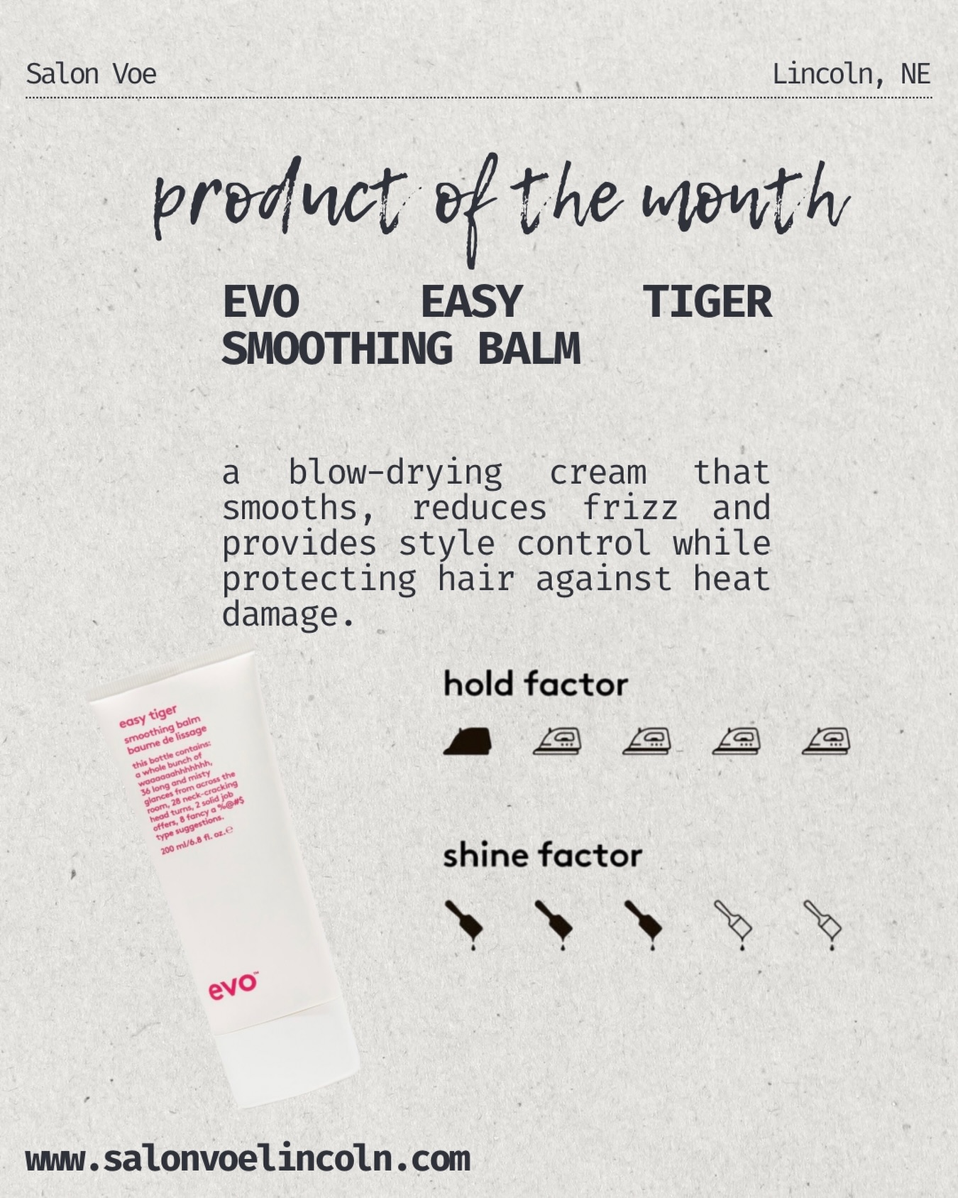 All May Long 🥰🥰
✨suitable for all hair types, especially thick, coarse hair
✨improves condition by adding softness and shine
✨reduces frizz, helps detangle and improves manageability
✨improves styling while providing definition and slight hold
✨smooths and controls unruly hair while reducing frizz
✨provides heat protection up to 430°f and uv protection
#salonvoelincoln #lincolnnesalon #haircare #evohair #humidhairproblems