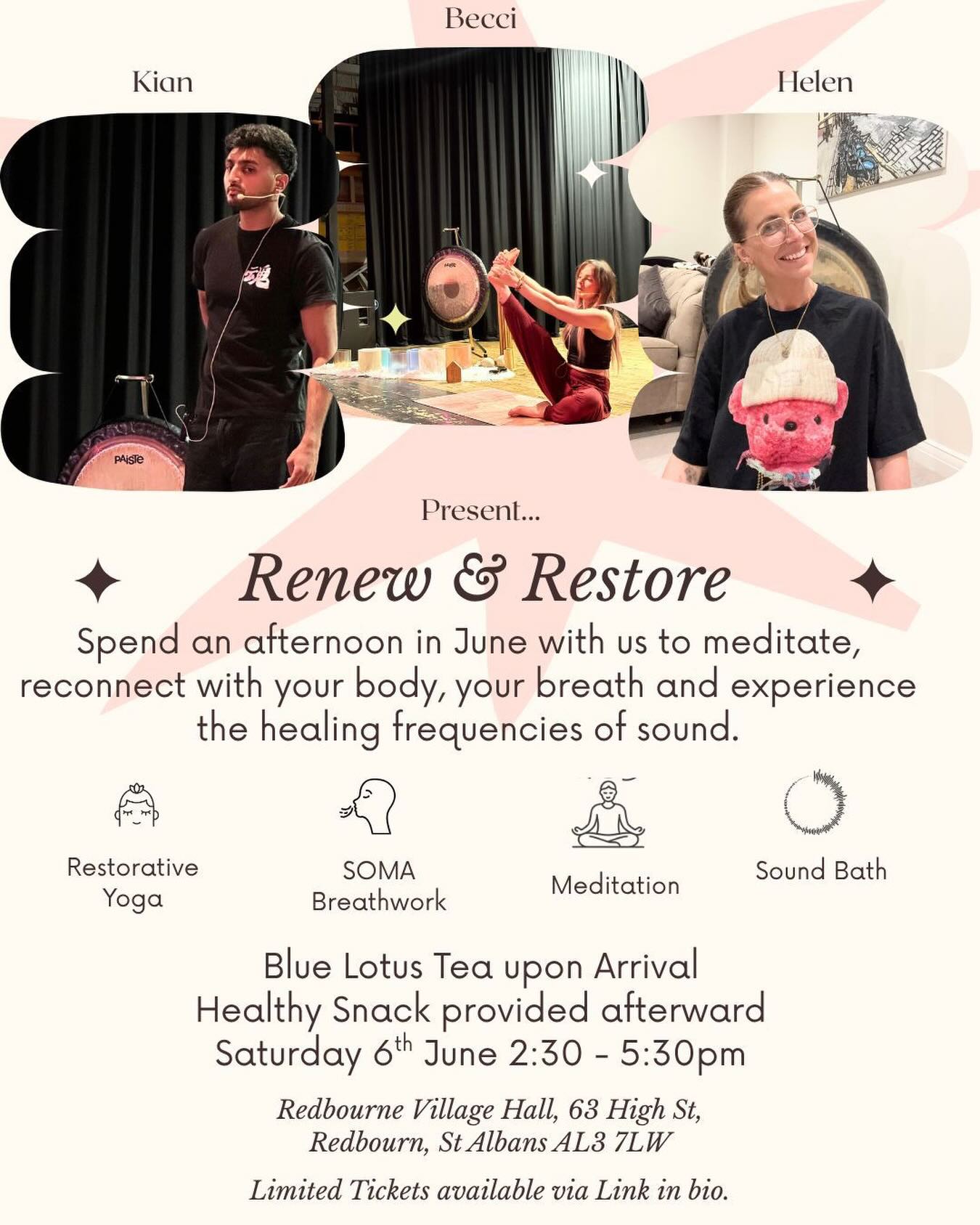 The dream team is back. 🤍💫
This event worked so well the first time we’re bringing it back again by popular demand.
Take a whole afternoon out for yourself as this restore and receive event we will:
🦋 Start with a blue lotus tea which is traditionally used for relaxation, mood enhancement and antioxidant.
🧘♀️ Then we will be doing some lovely yin yoga with Becci
💨 Moving on to some SOMA breathwork with myself
📿 We will then have a guided meditation by Kian
🎼 Wnding with a sumptuous sound bath with myself
🍌 There will also be a healthy snack at the end.
Take time for you, maybe try something new and come spend an afternoon with us in June.
Tickets via link in bio 🔗
#redbourne
#yinyoga
#breathwork
#guidedmeditation
#soundbath