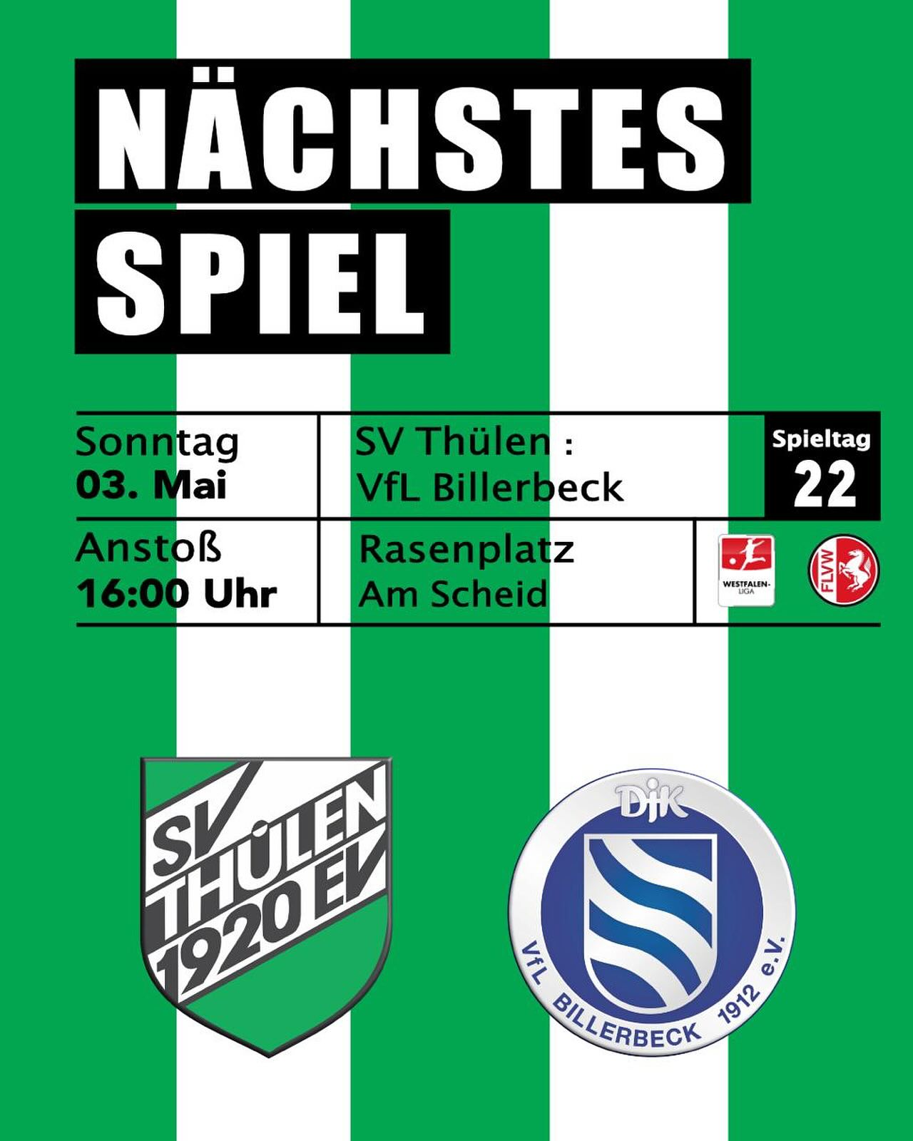 ⚽ DJK VfL Billerbeck präsentiert sich am Thülener Scheid ⚽
Im Rahmen des 22. Spieltags empfangen die Fußballdamen des SV Thülen die DJK VfL Billerbeck am Scheid.
Der Gast aus dem Kreis Coesfeld ist erst im Sommer letzten Jahres von der Landes- in die Westfalenliga aufgestiegen und hat sich dort noch nicht so richtig akklimatisiert.
Nach der neuen Wertung, durch den Rückzug des FSV Gütersloh 2009 II, belegt die DJK mit einem Torverhältnis von 17:73 und nur 7 Punkten aus 19 gewerteten Spielen aktuell den 12. Tabellenplatz.
Das turbulente Hinspiel in Billerbeck konnte der SVT durch ein Last-Minute-Tor von Maja Waßmann knapp mit 2:1 für sich entscheiden.
Gegenüber den letzten beiden Partien in Minden-Kutenhausen und in Ostwig muss auf Thülener Seite auf jeden Fall eine deutliche Leistungssteigerung her.
In beiden Spielen erwischten die Grün-Weißen nicht ihren besten Tag, sodass Trainer Dominique Heinke nicht zufrieden sein konnte.
Am Sonntagnachmittag haben die SVT-Kickerinnen die Möglichkeit, sich wieder von ihrer besseren Seite zu zeigen.
Dann sollte es hoffentlich mit einem weiteren Punktgewinn klappen.
Anstoß der Partie ist am Sonntag, 03.05.2026, um 16 Uhr auf dem Rasenplatz in Thülen.