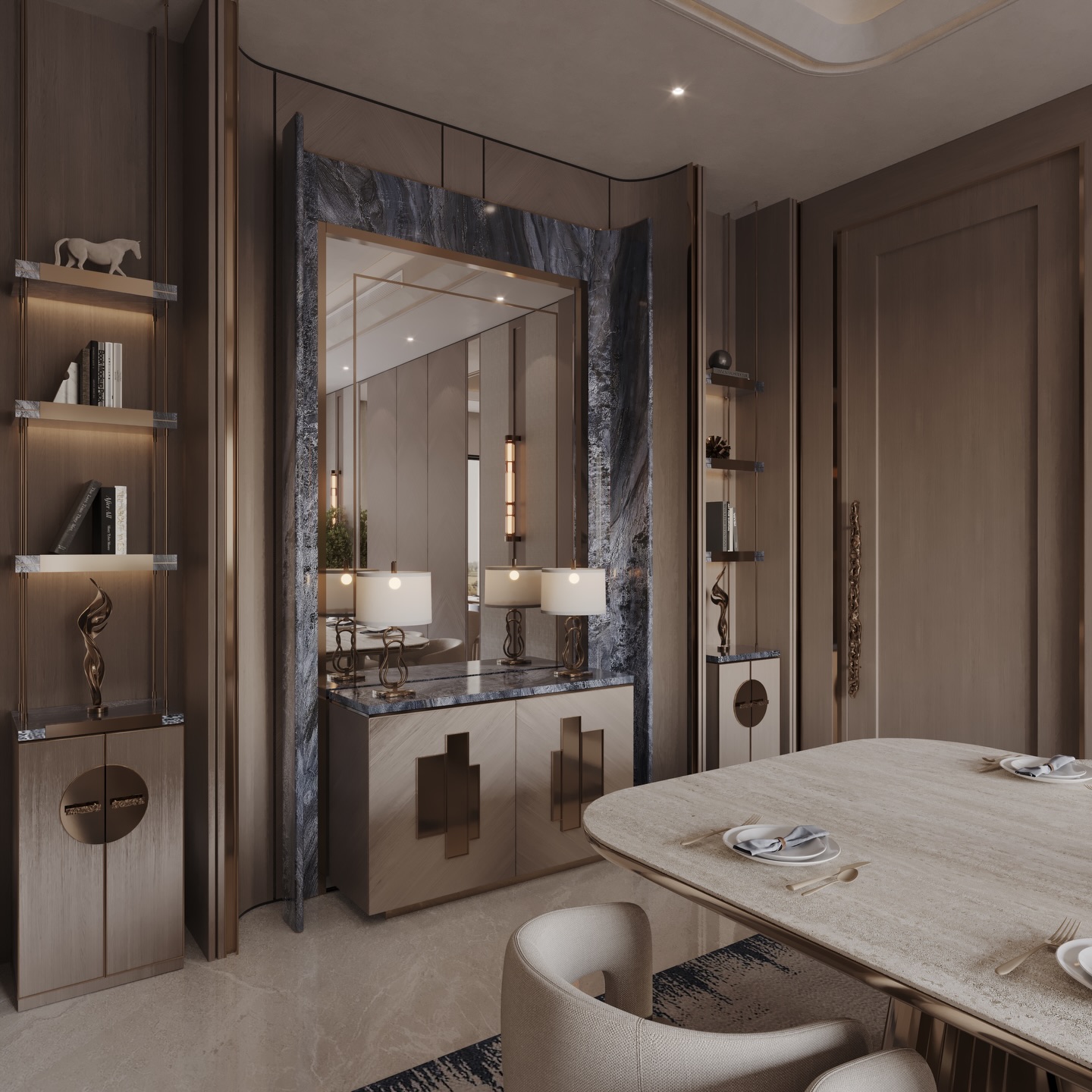 A calm and elegant dining space designed for modern living in Riyadh.
Clean lines, warm wood tones, and subtle marble details create a balanced and inviting atmosphere. The sculptural table and custom seating add character, while the lighting piece above brings a soft sense of movement to the space.
Every detail is carefully considered to enhance both daily use and special gatherings.
📍 Riyadh, Saudi Arabia
#MaroonArchitects #Riyadh #LuxuryInteriors #InteriorDesignKSA #modernliving