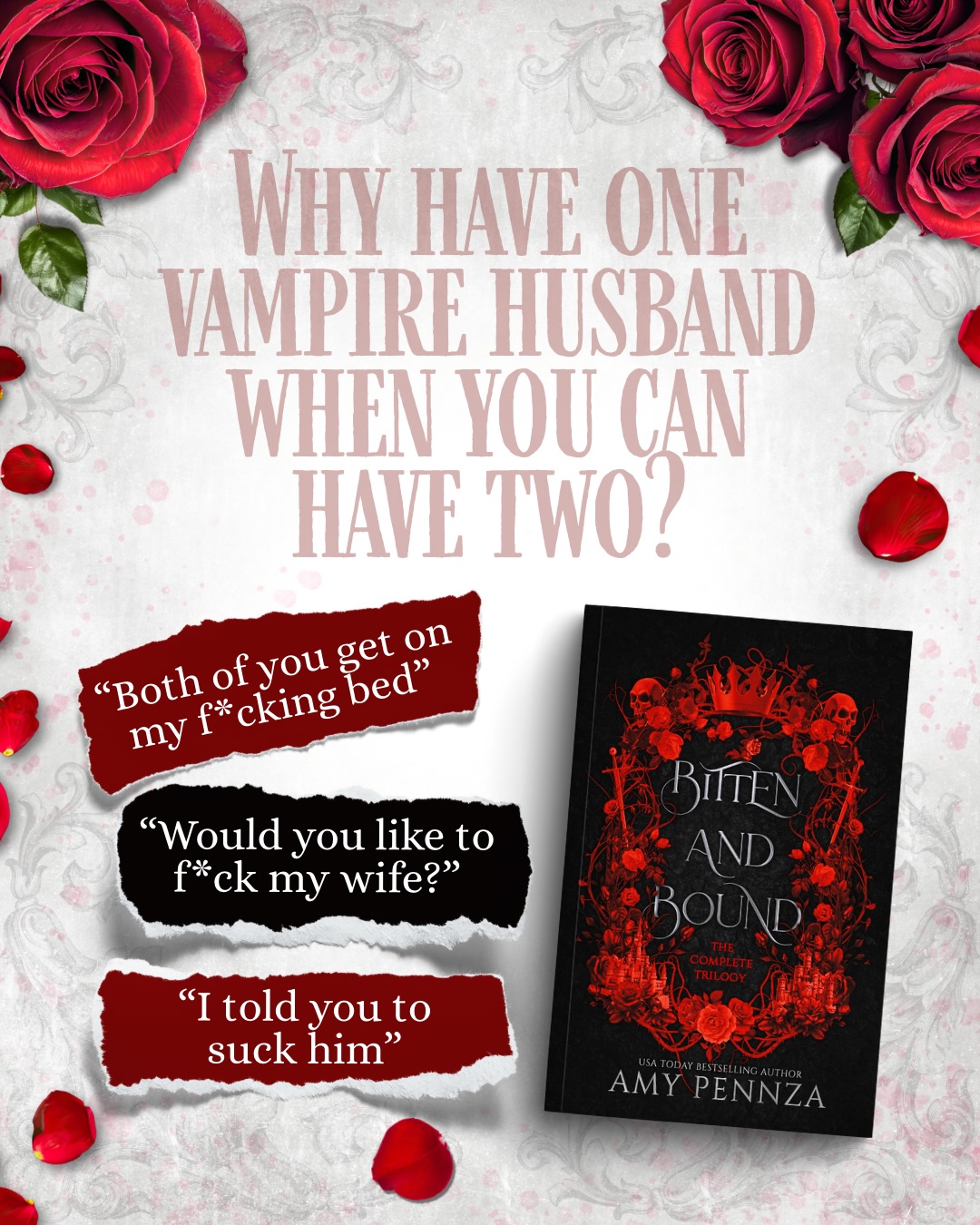 The general is so bossy 😮💨 And he definitely knows how the king likes it. Bitten and Bound is dark and very spicy MMF ménage
Trilogy complete 😍
(And it’s in KU)
#amypennza #bittenandbound #darkromantasy #whychoose #vampireromance