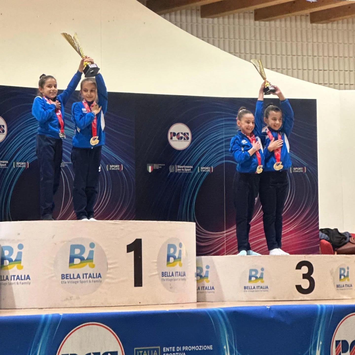 FINALI NAZIONALI PGS LIGNANO 2026 CATEGORIE C1 e C2
Categoria Mini C1:
🥇1^class. Rocca V. al Corpo Libero
🥉3^ class. Perboni A. alla Fune
Cat. Propaganda C1:
🥉3^ class. Sandrini M. alla Fune
🥉3^ class. Tisato V. alla Palla
🥇1^ class. Schifino M. al Nastro
🥈2^ class. Robbi B. al Nastro
🥇1^ class. Fomaev G. alla Fune
Cat. Under 17 C1:
🥉3^ class. Biasi A. al Nastro
Cat. Under 15 C1:
🥇1^ class. Acuna Candia A. alle Clavette
🥉3^ class. De Guidi M. alle Clavette
Cat. Senior C1:
🥉3^ class. Bortolazzi A. alle clavette
🥉3^ class. Bortolazzi A. alla Cerchio
Categoria esordienti C2:
🥈2^ class. Zoccatelli S. al cerchio
🥈2^ class. Zoccatelli S. al C.Libero
Cat. Under 15 C2:
🥉3^ class. Bruno A. alla Fune
Coppia allieve C:
🏆1^ class. Zantedeschi E. - Rosso A.
🏆3^ class. Bonedomane M - Radu M.
Siamo davvero orgogliose di tutte anche chi non è arrivato sul podio!!! 🩷