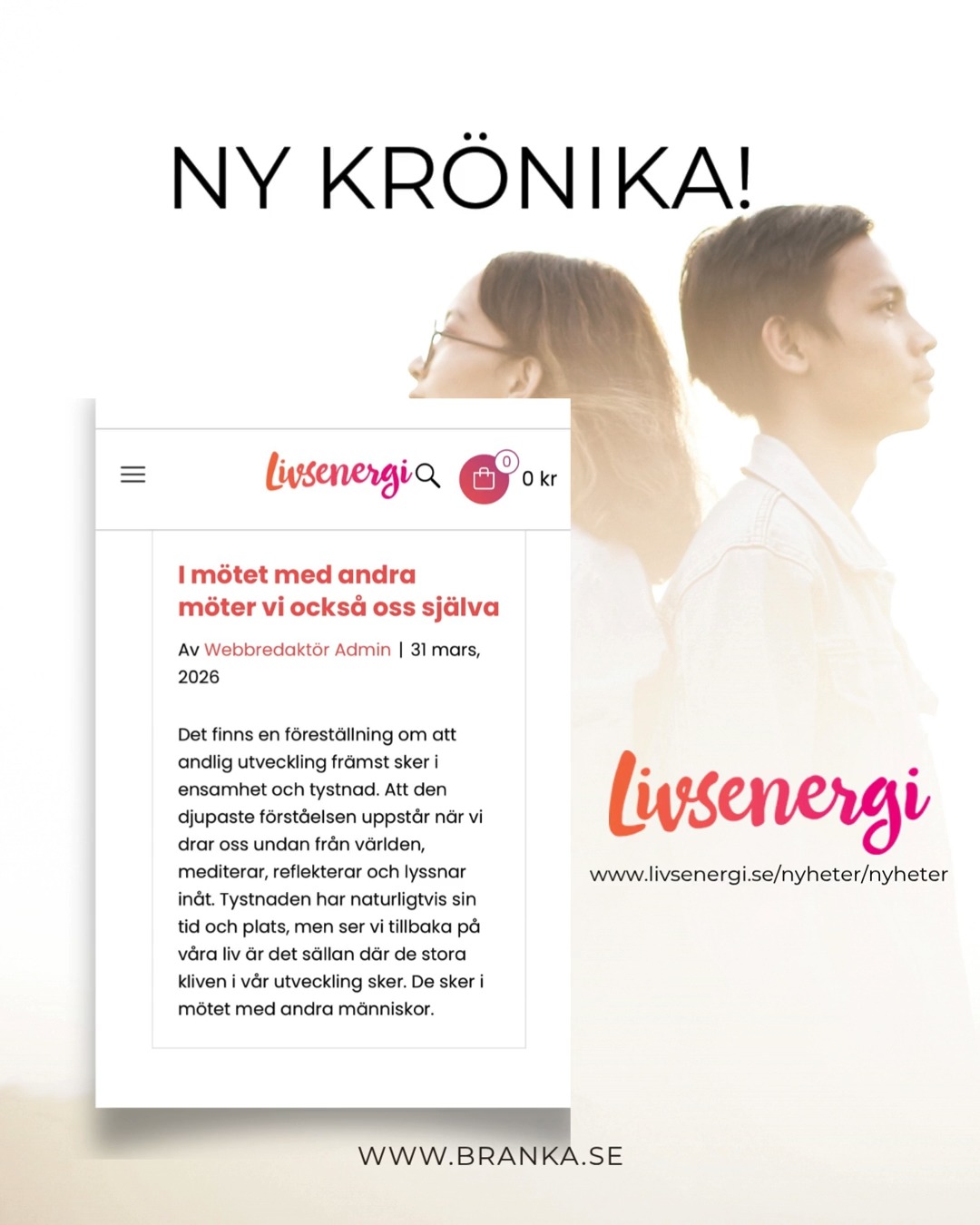 Vi har fått lära oss att andlig utveckling sker i stillhet. I meditation. I att dra oss undan och gå inåt. Men när du ser tillbaka på ditt eget liv…är det verkligen där dina största skiften har skett?
I min senaste krönika för Livsenergi skriver jag om hur utvecklingen sätts på prov i mötet med andra. Hur den polariseras, utmanas och fördjupas när vi speglar oss i varandra, och hur sidor av oss själva då blir synliga fram som annars hade förblivit oupptäckta.
Det är där våra mönster blir synliga.
Där våra rädslor väcks.
Där vi ställs inför det vi ännu inte har velat se.
Och kanske viktigast av allt, det är där vi får möjligheten att växa, på riktigt, inte i teorin, utan i verkliga livet. Relationer är inte ett avbrott från den andliga vägen utan en viktig del av den.
Vill du läsa hela krönikan hittar du den i Livsenergis medlemstidning ✨
www.livsenergi.se/nyheter/nyheter
@livsenerginu
www.branka.se