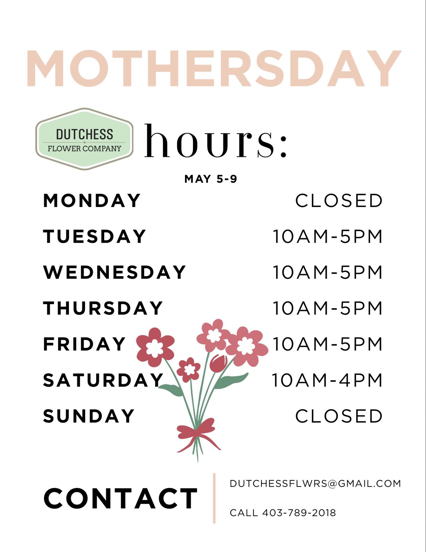 Mother’s Day is going to be a busy and beautiful week at Dutchess Flower Company! 💐
A big thank you to everyone who has already pre-ordered — we truly appreciate your support.
We have so many beautiful flowers, plants, and gift items arriving next week to help celebrate the special moms and loved ones in your life.
Be sure to pre-book your Mother’s Day florals to secure your favorite arrangement and make your special person feel extra loved. 🌸
Shop local, support small, and let us help make Mother’s Day extra beautiful.
Call to order: 403-789-2018
Visit us in store: 5113 50th Avenue, Lacombe, Alberta