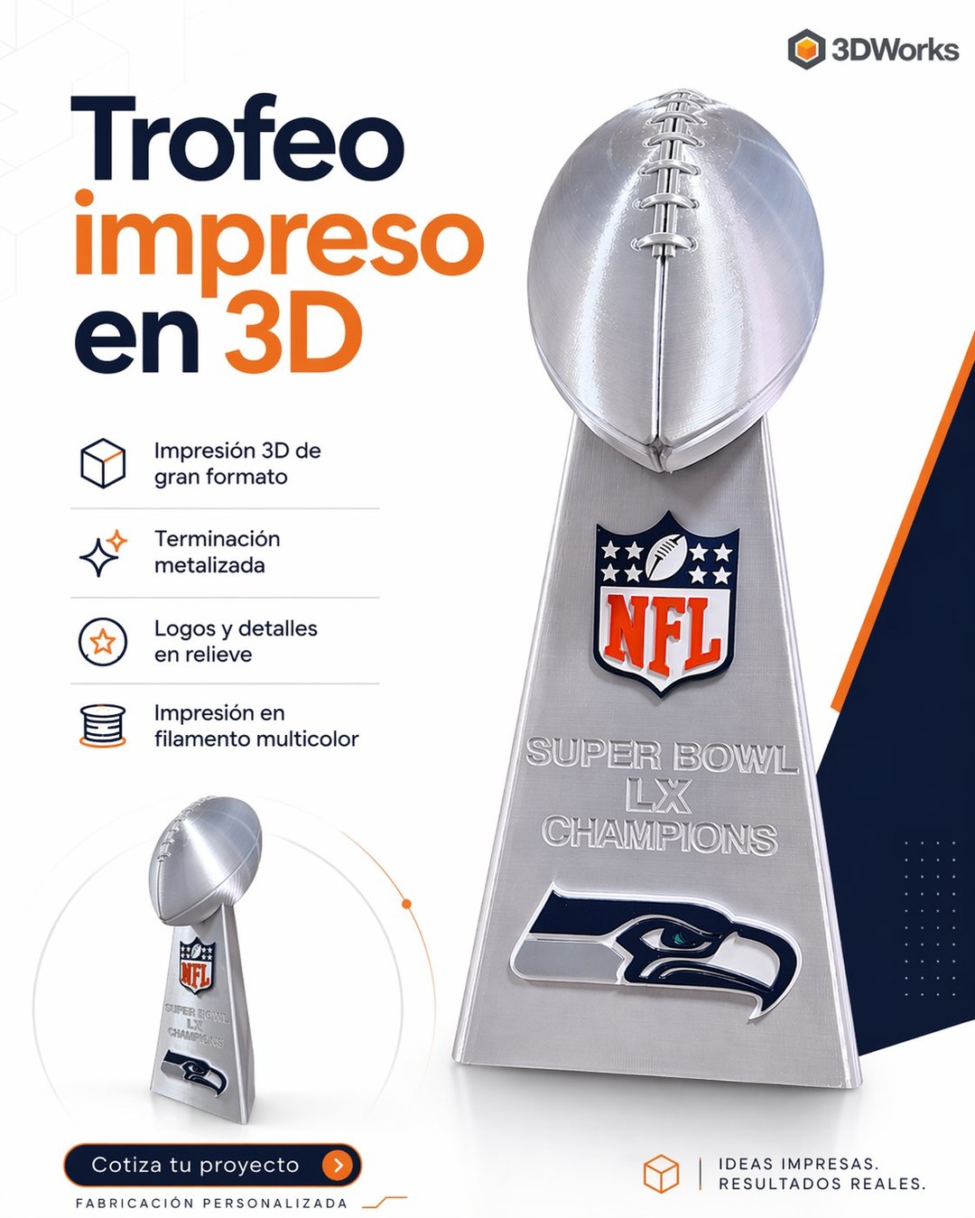 👉 Una réplica impresa totalmente en filamento natural del trofeo Super Bowl en un tamaño aproximado de 56cm ¿te gustó el resultado? Puedes contactarnos a nuestro correo contacto@3dworks.cl para enviarnos tu idea 💡