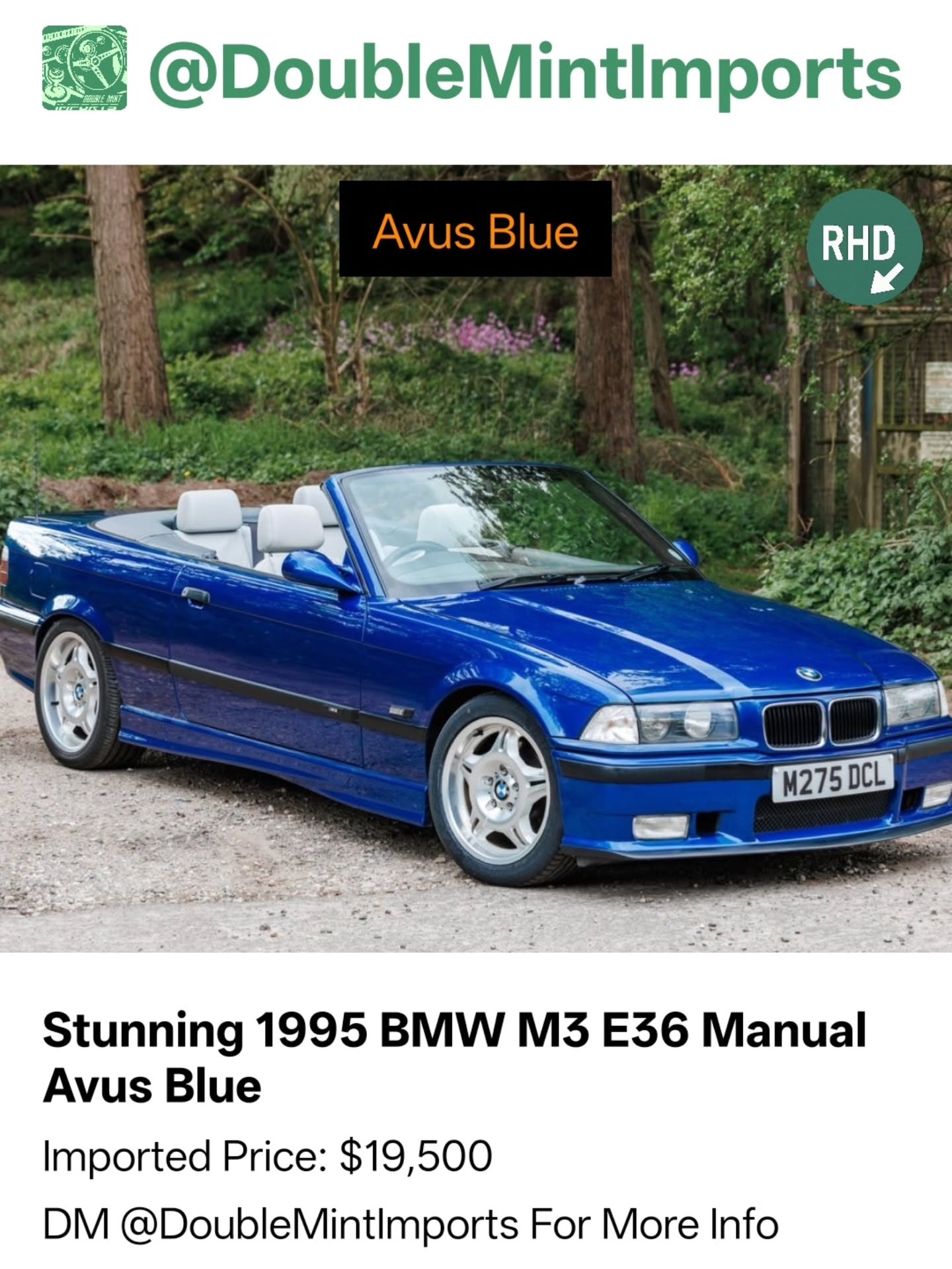 Stunning 1995 BMW M3 E36 Manual Avus Blue
Shipped Price(UK to NY): $19,500
(Includes All Fees: Conversion rate to USD, Shipping, Customs, UK Taxes and Admin Fees)
SELLERS DESCRIPTION:
1995 BMW M3 Avus Blue – Manual – Full new 12 Months MOT A very reluctant sale, I fully intended to keep the car and enjoy it for the summer but have recently bought a rather rare 1994 Impreza project which requires quite a bit more work than I anticipated so I need the garage space long term and didn’t want the M3 sat outside in all weather. S50B30 3ltr BMW M Power engine, fully HPI clear, the engine was refurbished just 5000 miles ago by an BMW Master tech at BMW specialist ‘’Independent Vehicles’’ at Altrincham with all invoices at a total cost of £3, 500. It had a new crankshaft, bearing shells, the head refreshed, new head gasket... the common expensive work you would have to do to a 30 year old M3 engine has been completed. The engine and engine bay are really clean, you can tell its been rebuilt as there are no oil leaks haha! It runs and drives great, pulls like a train, gearbox is smooth, completely standard, ready to get in and use for the summer. Being the 3ltr it has the much stronger 5 speed gearbox (no synchro issues) and less prone to failure single Vanos unit. • Its had a new OE blue mohair soft top roof which is electrically operated once unlocked with the handle and works great, unmarked and the rear window is perfect • All jacking points look solid to me with no visible corrosion, all four rubber jacking pads are present. • Rear arches and front wings look spot on, solid, no visible corrosion • Front seats professionally retrimmed with matching genuine Montana leather, they look and feel absolutely stunning and are quite rare fully electric sports seats • Service history includes loads of invoices including engine rebuild, timing chain, new brake pipes, alternator, radiator etc as well as a Sytner dealer print out for the BMW service history which includes 21 BMW main dealer visits from 1995 through to 2009 • Two keys and book pack including the original dealer brochure • Genuine BMW 17inch staggered M3 Evo alloys and 4 good tyres and matching spare wheel