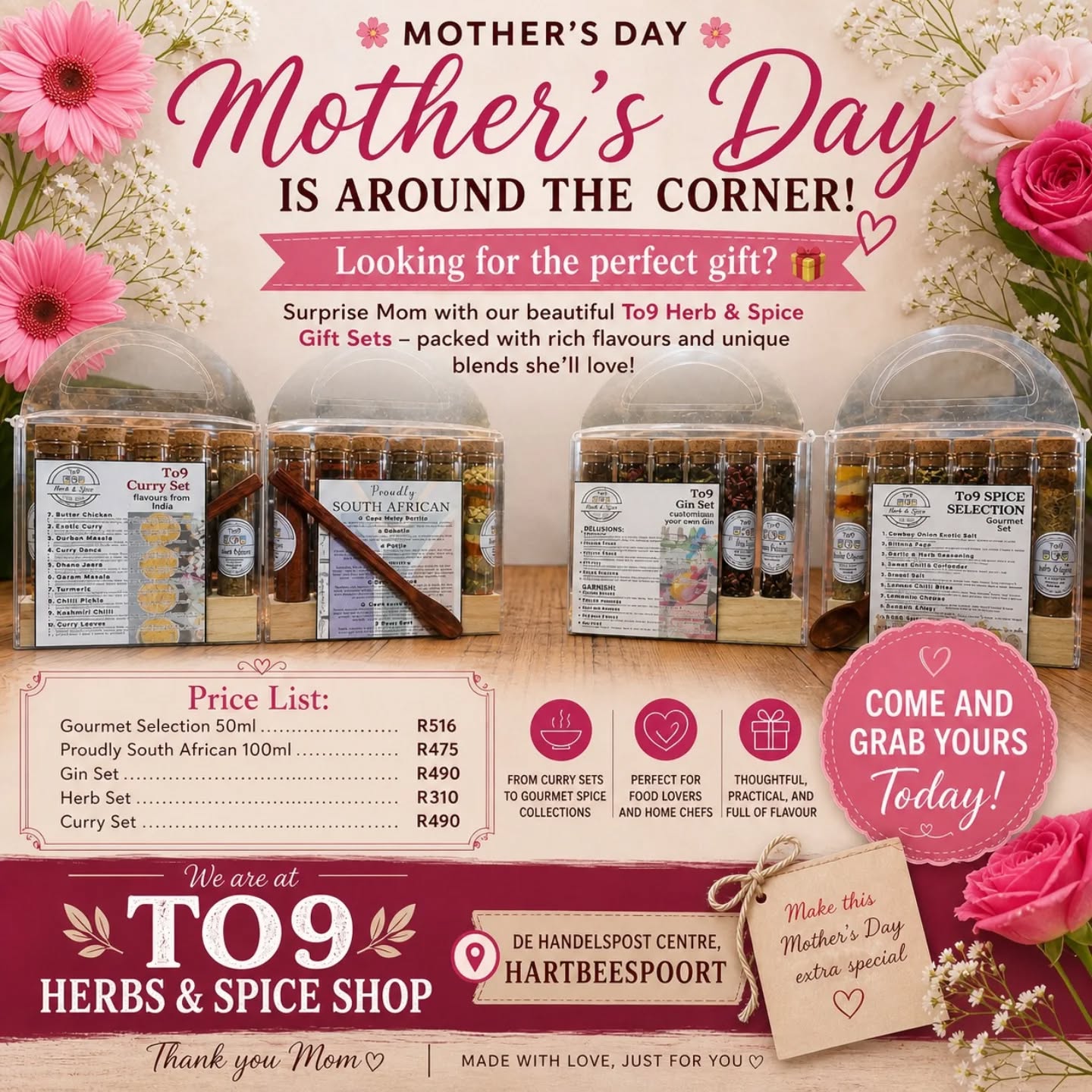 On Mother's Day, it's go big or go home! 👑
To9 Herb & Spice is offering a range of hand crafted and versatile gift set packages. Each containing a set of 7 - 10 spice/blend tubes, a tube stand, a scoop and information cards. ✅
Stop by our new store location at the De Handelspost Centre (cnr. Beethoven and Tielmann str., Hartbeespoort) and grab one before it's too late!
Give her the best! She deserves it. 🌸
Visit our Website for more info on our products 👇
https://www.to9herbandspice.co.za/
#MothersDayGifts #spicelovers
#harties #giftideassa #southafricansmallbusiness
