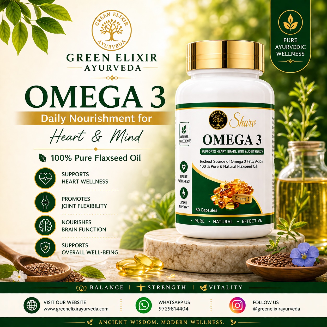 ✨ Wellness begins from within.
Introducing Omega 3 Capsules by Green Elixir Ayurveda 🌿
A rich source of essential fatty acids, crafted with pure flaxseed oil to support your daily wellness routine—naturally and effectively.
Designed for those who choose balance, strength, and long-term care 💛
✔ Supports heart wellness
✔ Promotes joint flexibility
✔ Nourishes from within
✔ Clean & natural formulation
Because true beauty reflects from a healthy body.
💫 Green Elixir Ayurveda – Ancient Wisdom. Modern Wellness.
📩 DM to order
📲 WhatsApp: 9729814404
🌐 www.greenelixirayurveda.com
💬 Tell us: Do you take Omega 3 daily?
#GreenElixirAyurveda #Omega3 #AyurvedicWellness
#HealthFromWithin #NaturalSupplements #HolisticHealth
#FlaxseedOil #DailyWellness #HealthyLifestyleIndia
#CleanNutrition #WellnessRoutine #HeartHealth
#JointCare #LuxuryWellness #IndianWellnessBrand