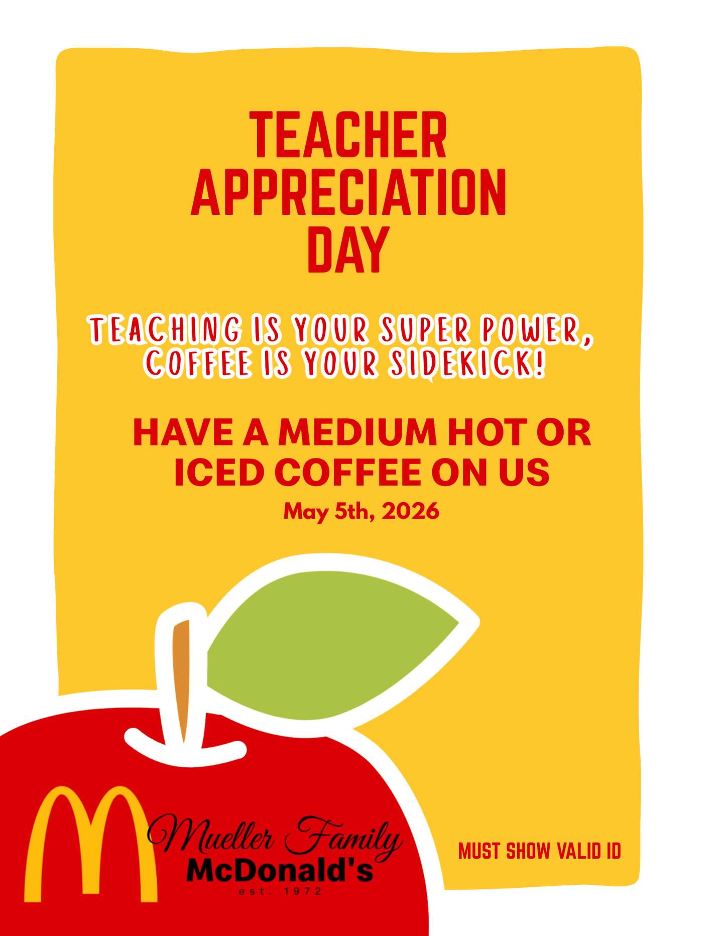 Remind your favorite teacher to visit a Mueller Family McDonald's, May 5th! #teacherappreciationweek🍎✏️📚 #teacherappreciation #nepamcdonalds #mcdonalds #mccafé