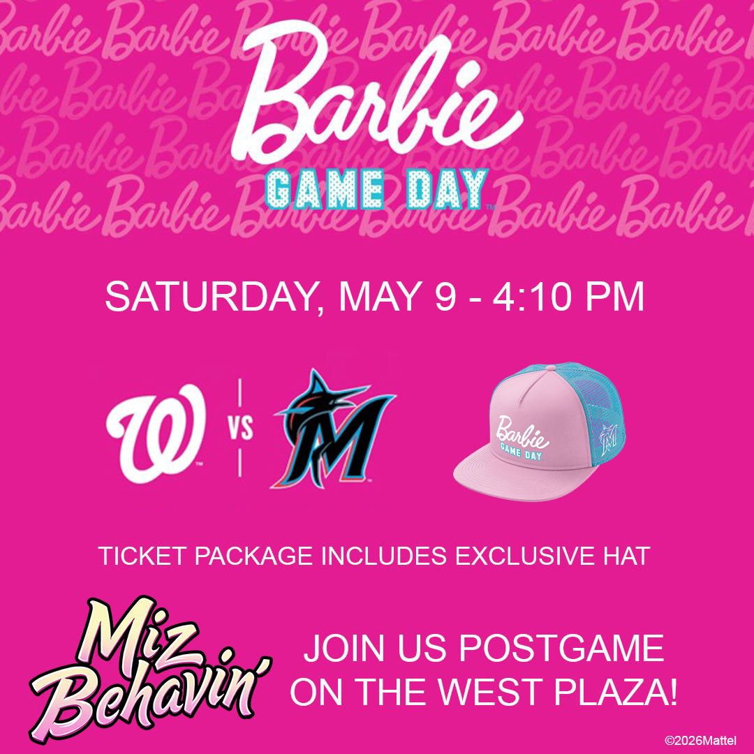 We’ve been teasing… and now we’re excited to officially share the news. 💖⚾️
We’re honored to be part of the 3rd Annual Barbie Game Day™ on Saturday, May 9, as the Miami Marlins take on the Washington Nationals - loanDepot Park at 4:10 PM.
🎟️ Ticket packages include an exclusive Barbie™ x Marlins hat
🎶 Join us after the game on the West Plaza for postgame entertainment featuring MizBehavin’ (that’s us!)
We look forward to being part of this special event — don’t miss it as WE paint the ballpark PINK! 💕