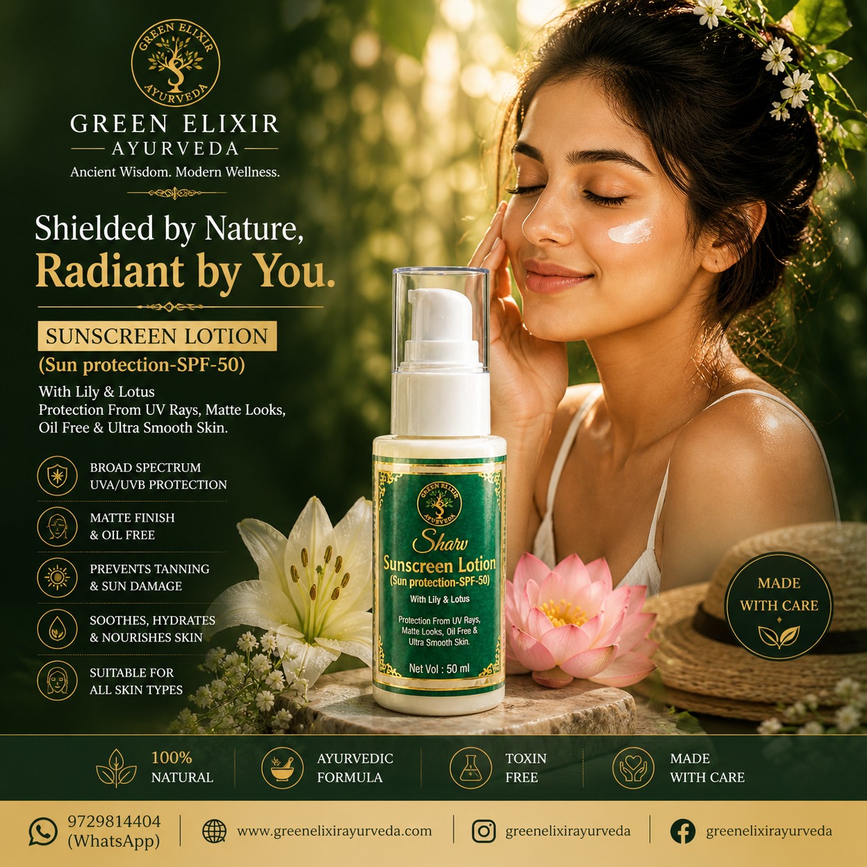 Experience advanced sun protection with an Ayurvedic touch.
Green Elixir Ayurveda Sunscreen Lotion (SPF 50) offers broad-spectrum UVA/UVB protection while nourishing your skin with botanical extracts.
✔ Matte Finish
✔ Oil-Free Formula
✔ Prevents Tanning & Sun Damage
✔ Hydrates & Soothes Skin
✔ Suitable for All Skin Types
Crafted for those who choose clean beauty with luxury care.
#sunscreen #spf50 #skincareindia #ayurvedicskincare #naturalskincare #glowingskin
#skincareroutine #luxuryskincare #cleanbeauty #organicskincare #sunprotection
#beautycare #skinprotection #glowup #selfcare #skincareaddict
#indianskincare #herbalskincare #greenbeauty #summerglow
#explorepage #explorepageindia #viralpost #trendingnow #instagramgrowthtips