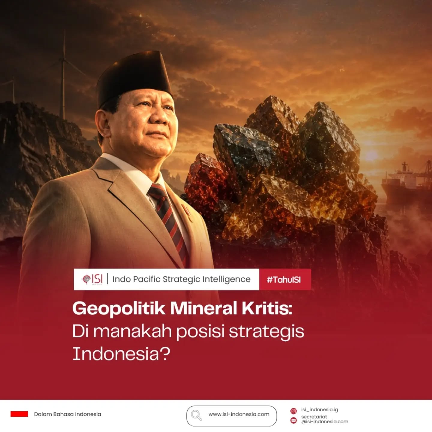 Posisi strategis critical mineral semakin meningkat dalam geopolitik global. Jika dulu minyak menjadi fondasi utama kekuatan negara, kini peran tersebut perlahan bergeser seiring arah pembangunan yang dimotori dengan digitalisasi, elektrifikasi, dan transisi energi.
Dominasi dalam rantai pasok Rare Earth Elements (REE) memperlihatkan kepada kita semua bahwa keunggulan industri dapat berfungsi sebagai instrumen strategis suatu negara. Dalam konteks ini, Indonesia memiliki posisi penting sebagai produsen utama nikel, serta pemilik cadangan timah dan bauksit. Posisi ini tentu membuka peluang Indonesia dalam memperkuat daya tawar di tengah persaingan global.
Namun, tentu saja potensi tersebut tetap bergantung pada bagaimana ia dikelola menjadi strategi yang berkelanjutan.
Tulisan selengkapnya dapat diakses melalui link di bawah ini. Yuk, baca artikel di website ISI dan dapatkan insight terbaru dari analis ISI.
isi-indonesia.com/publications
Instagram: @isi.indonesia_ig
Linkedin: Indo Pacific Strategic Intelligence (ISI)
#TahuISI #Geopolitik #MineralKritis #Indonesia