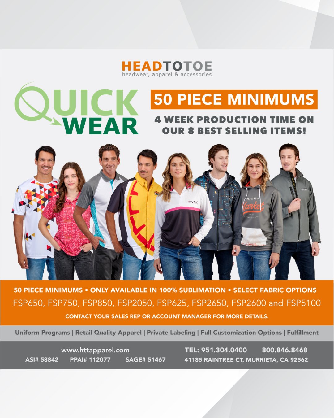 🚀 Need custom gear fast? HeadToToe Quick Wear delivers.
✔ 50 piece minimums
✔ 4 week production time
✔ 8 best-selling styles
✔ 100% sublimation for bold, all-over designs
Built for brands and businesses that refuse to blend in.
Fast turnaround, standout results, no shortcuts.
Start your order today at httapparel.com.
#BrandBuilders #FoodServiceBrands #CustomHeadwear #SublimationApparel #StandOut