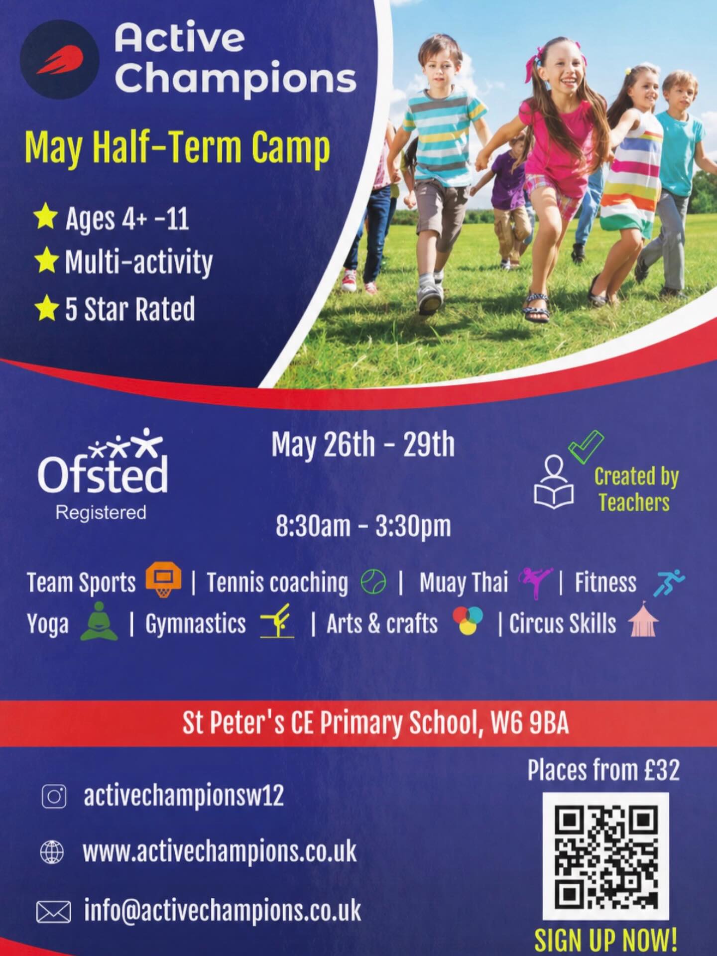 Looking for a 5⭐ rated camp that has it all?
Join us for our May Camp from 26th–29th May at St Peter’s Primary, W6 — packed with fun, variety and adventure every day!
🏅 Team sports
🌿 Forest school session
🤸 Gymnastics
🎨 Art & crafts
🎾 Tennis
🧁 Baking
🥊 Muay Thai
Spaces are limited — book your child’s place today!