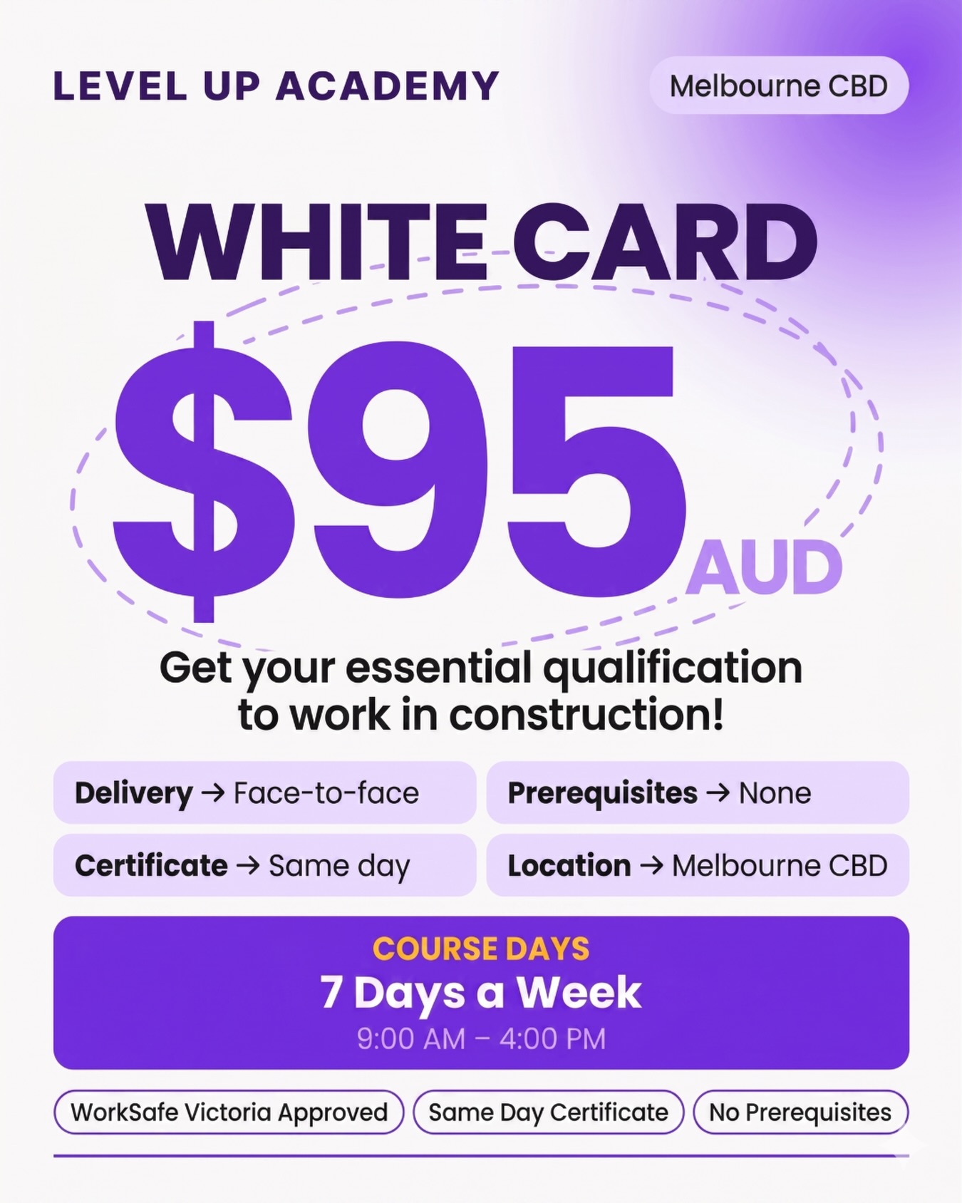 Ready to kickstart your career in construction? Get your White Card at Level Up Academy for just $95 AUD!
Located right in the heart of Melbourne CBD, we offer WorkSafe Victoria approved training that gets you on-site faster.
✅ Same Day Certificate
📍 CBD Location
📝 No Prerequisites
📆 7 Days a Week (9:00 AM - 4:00 PM)
Ready to apply? DM us to secure your spot or ask any questions!
【Additional Course Information】
- Course Tuition: $95.00 for the one-day training program.
- On-the-Day Certification: You will be issued with your Statement of Attainment upon successful completion of the course.
- White Card Issuance: A mandatory fee of $30.30 applies for the processing of your physical White Card. Please note that these cards are issued and posted directly to your address by WorkSafe Victoria following your training.
#WhiteCardMelbourne #MelbourneConstruction
#WorkSafeVictoria #ConstructionJobs #melbournejobs