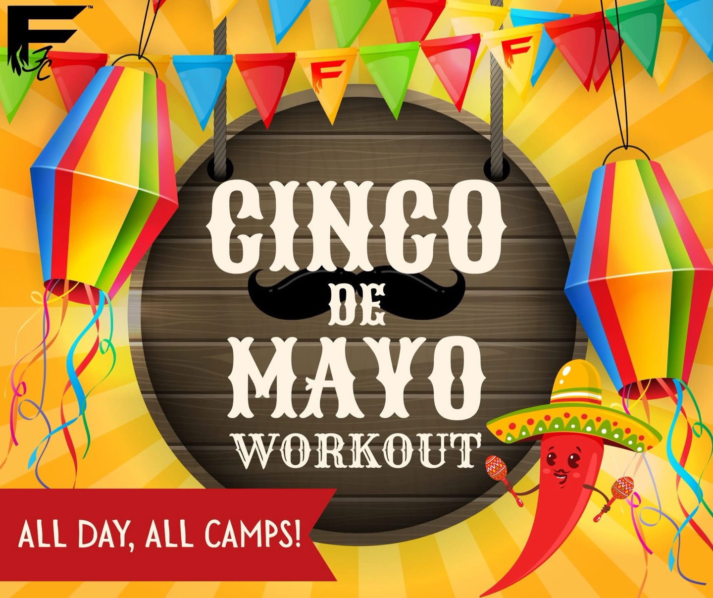 CINCO DE MAYO WORKOUT — TOMORROW!!! 🔥🌶️
💥 ALL DAY. ALL CAMPS. ARMTILLERY (Upper body) Workout!💪
SIGN UP. SHOW UP.
Let’s celebrate the FIRE way!