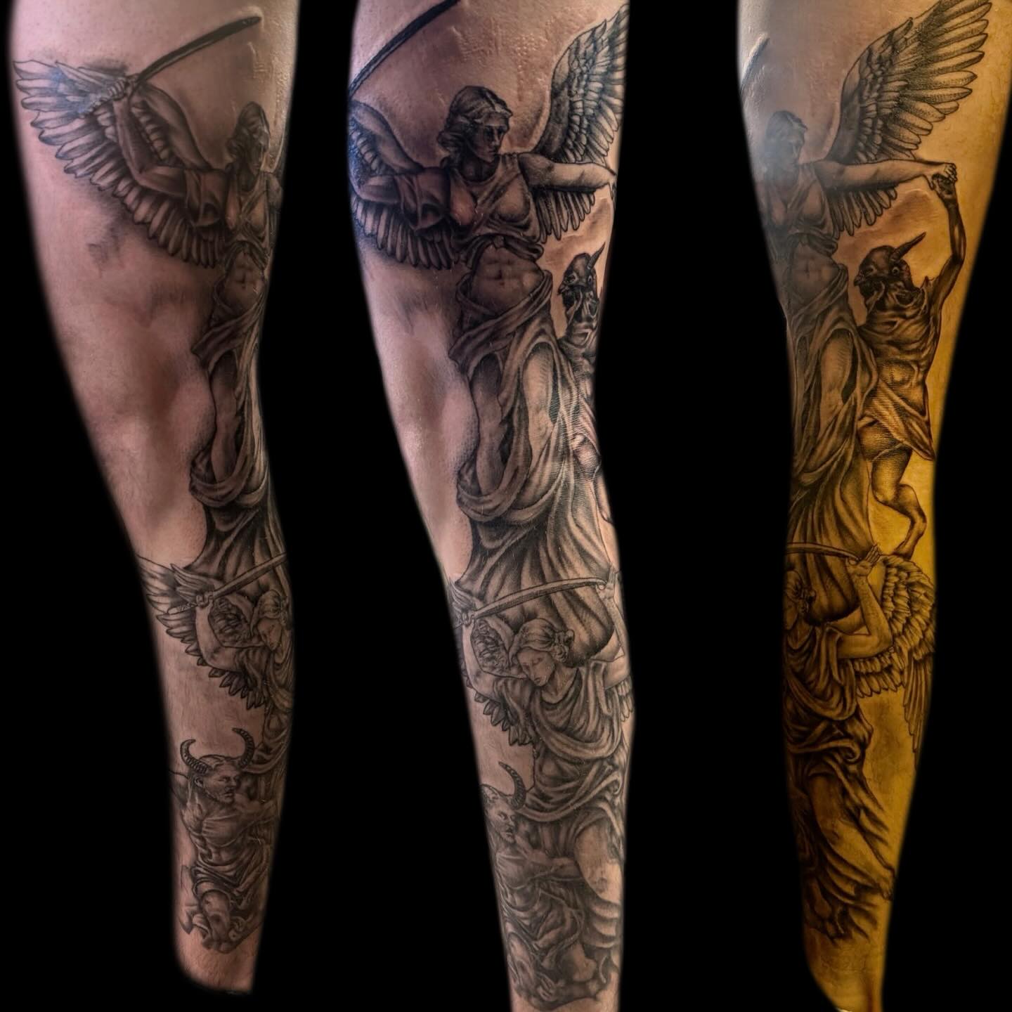 Angel leg sleeve on @evancamara22. Done by @xavier.tattoos using @ttoobox cartridges