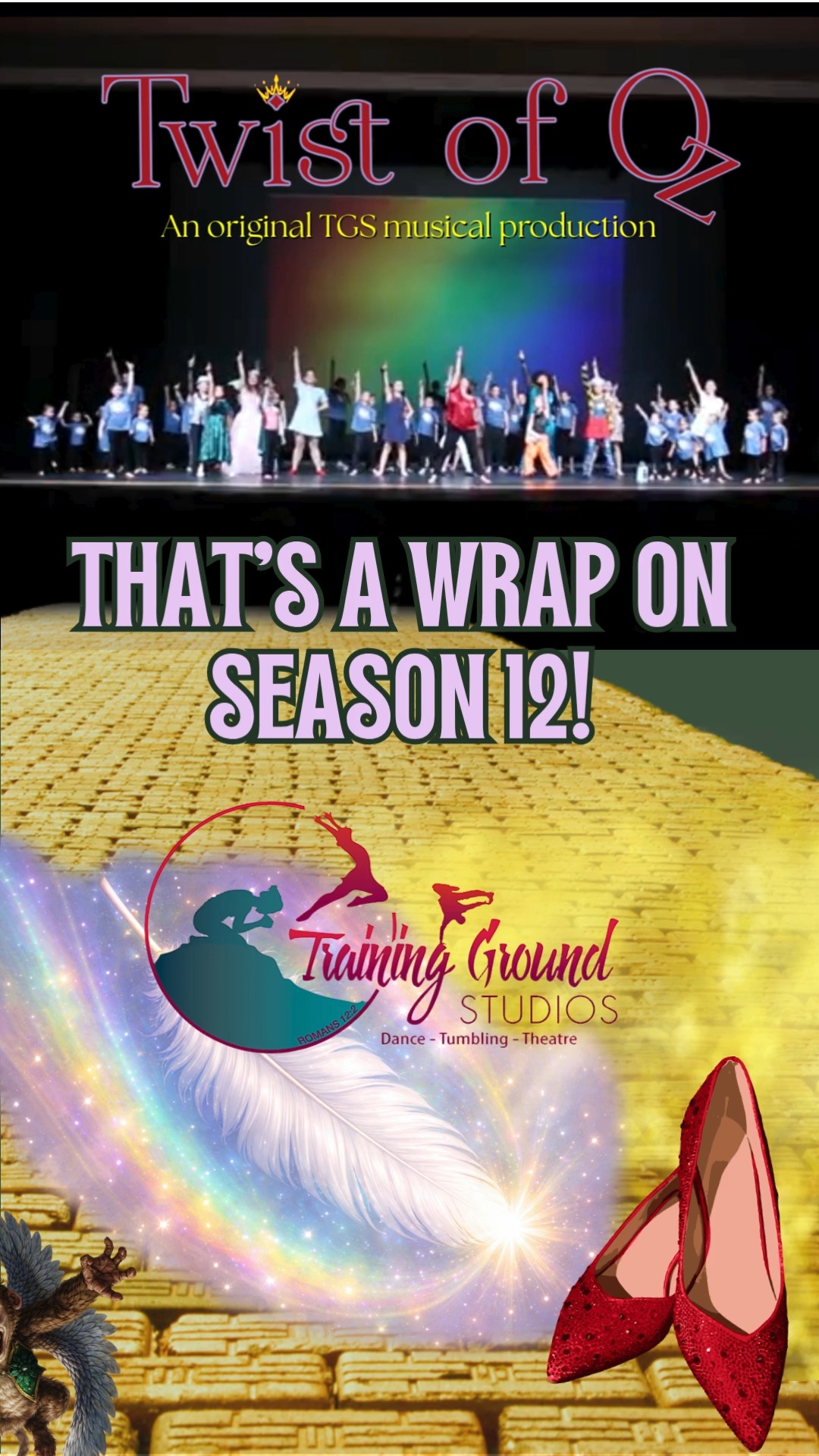What began as a simple vision escalated into something much deeper - a journey of courage, heart, and discovering The Creator’s perfect Love that lives within us. ✨
Each step down the yellow brick road of life reminds us that Home isn’t just a place… it’s the special friends who walk beside you and encourage you as you learn to believe in the Holy Spirit’s Guidance~
To the beautiful cast and crew: thank you for embracing the vision as you poured your energy and spirit into the Twist of Oz!
To our audience: thank you for witnessing and experiencing our inspirational twist through each character, dancer, tumbler, and vocalist.
May we embrace The One who empowers us with a strong mind, brave heart, and supernatural spirit as we discover our own divine purpose and connection in this wonderful world!
It’s the perfect trifecta story as we gain the courage to TRUST in the ‘Ruby Red Slippers’ (Jesus), our beloved union. ♥️
#twistofozthemusical #thatsawrap #performingarts #glenrosetx #inspiretransformrenew