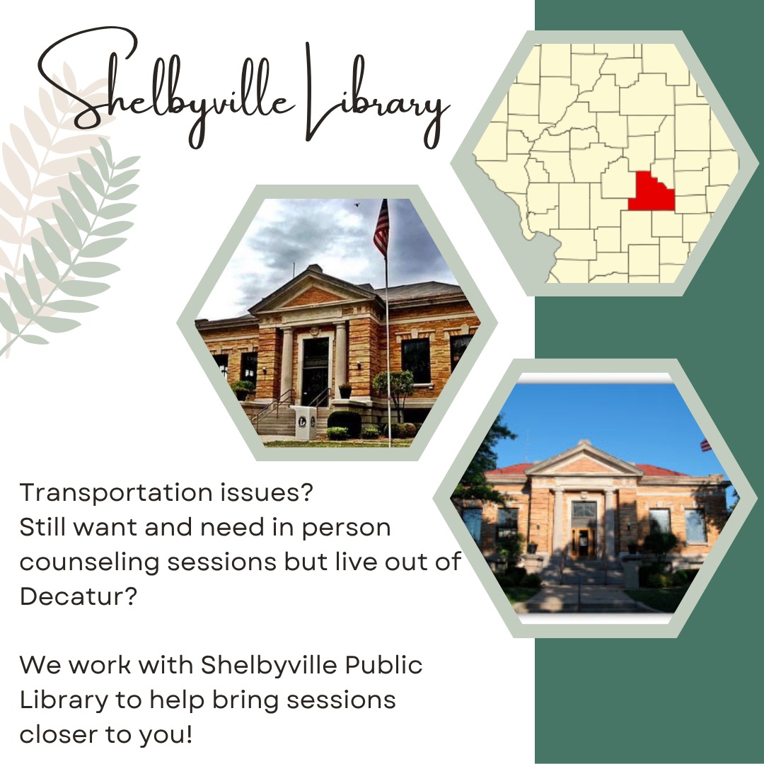 Distance could be a barrier for some survivors; keeping them from getting the support they need. Growing Strong has partnered with local community organizations to aid in our accessibility to our clients. These organizations help us provide in person counseling while remaining in confidential spaces.
Shelbyville Public Library is just one of the many community organizations that partner with Growing Strong to assist in providing client centered services.
If you or someone you know has more questions about our services, please call 217-428-0770.