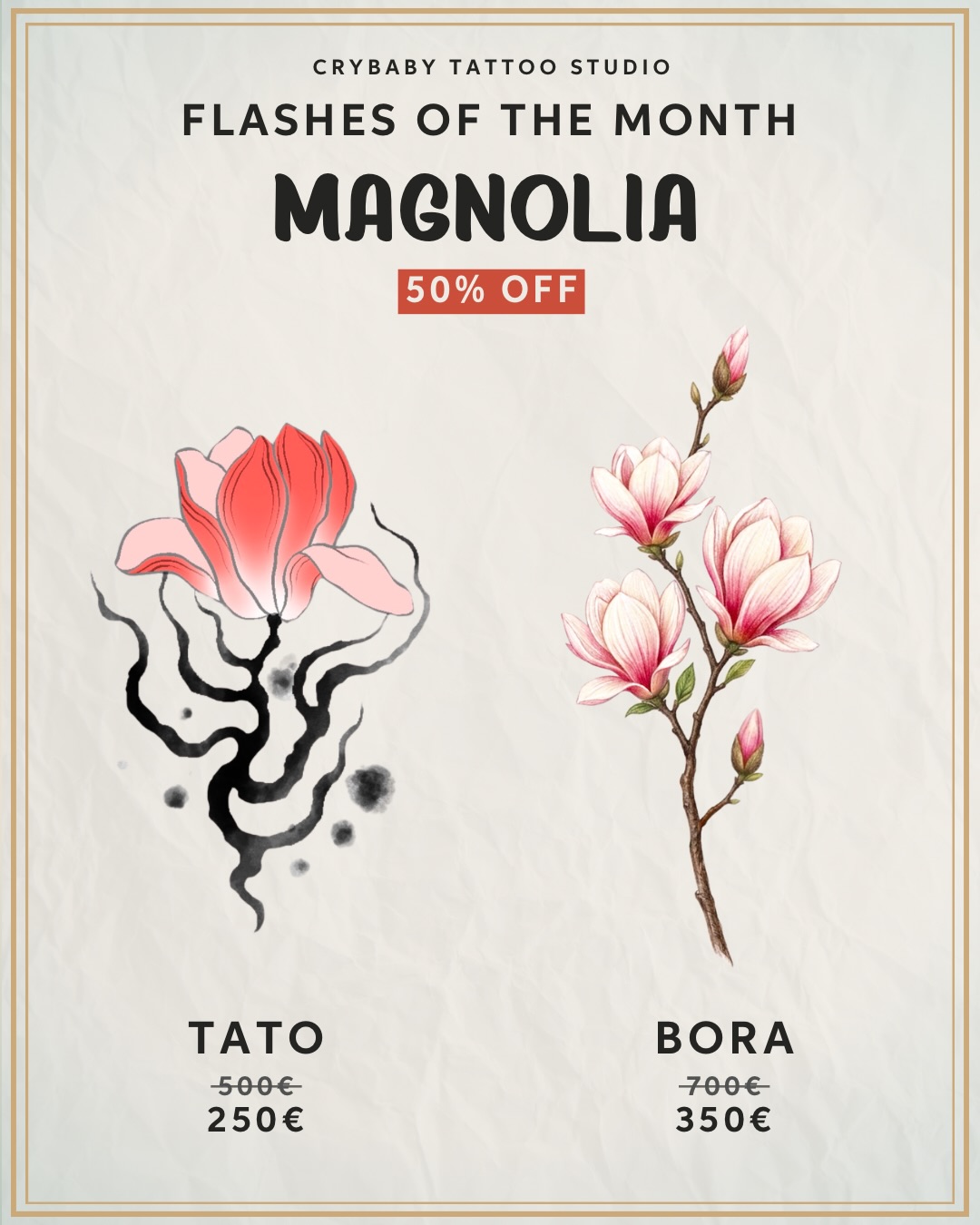✽ Flashes of the Month ✽
Magnolia
Our “Flashes of the Month” are here, and we’re thrilled to unveil the magnolia-inspired designs, chosen by you guys!
Our artists have crafted beautiful flashes for a special fixed 50% OFF price, that are ready to become a part of your story — swipe through to see the full designs and examples of how they could look on your skin ✨
Comment below which design is your favorite 🖊️
Don’t miss out on these designs — book your favorite flash now via
info@crybabyffm.com 📅
#FlashesOfTheMonth #magnolia #tattooflash
#tattoofrankfurt #tattoogermany