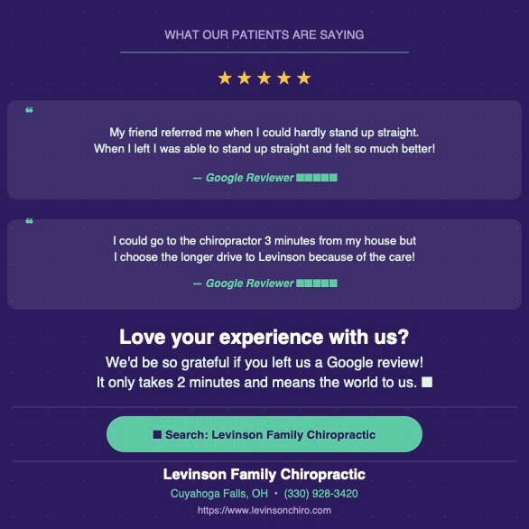 The reviews you leave us mean everything. š
If we've helped you or your family we'd love it if you shared your experience on Google ā just search Levinson Family Chiropractic!
š Link in bio
#CuyahogaFalls #AkronOhio #FamilyChiropractic #ChiropractorNearMe #GoogleReview #NortheastOhio