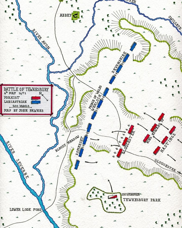 #MapMonday On this day in 1471, the final battle between the Houses of Lancaster and York took place as part of the Battle of Tewkesbury, Gloucestershire. As a result King Edward IV returned to the throne. More here: https://www.tewkesburymedievalfestival.co.uk/projects-bedford Map by John Fawkes - https://www.britishbattles.com/wars-of-the-roses/battle-of-tewkesbury/