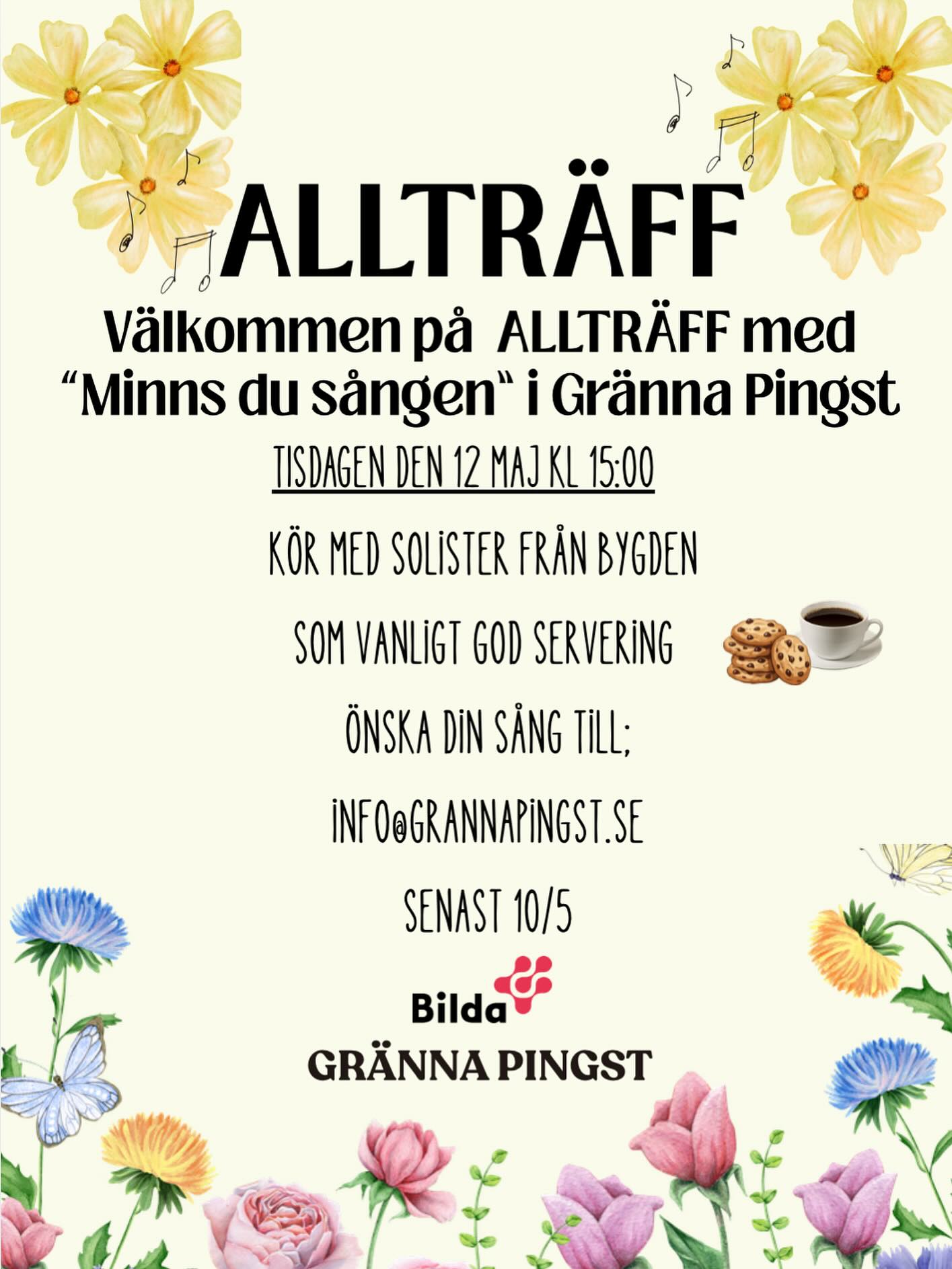 Varmt välkommen på ALLTRÄFF med ”Minns du sången” på tisdag den 12/5 kl 15:00!! 🎶☕️✨