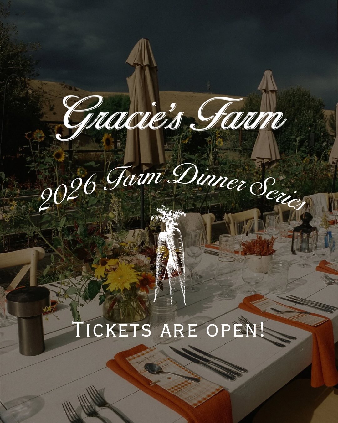 The wait is over! Our annual Harvest Dinner Series is here and tickets are now open ✨
Join us in the Three Sisters Garden for intimate, farm-to-table evenings surrounded by blooming flowers and abundant vegetable beds. Each dinner features a seasonal, curated menu by Chef Guillermo Tellez of Blue Sky Lodge’s Yuta, highlighting what’s fresh and at its peak on the farm.
Gather under twinkle lights at long communal tables, share a meal, and celebrate the season with us.
More info + tickets at www.graciesfarm.com
We can’t wait to welcome you out to the farm this season