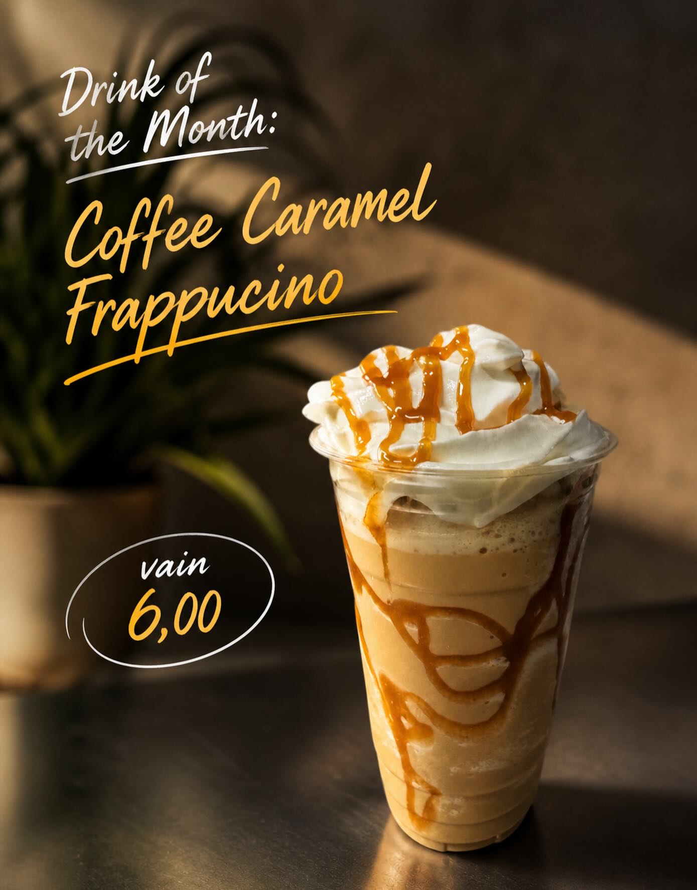 Toukokuun virkistävin herkku on täällä!
Drink of the Month: Iced Coffee Caramel Frappucino 🤎
Täydellinen yhdistelmä kylmää kahvia, pehmeää karamellia ja raikasta makeutta .. juuri sitä mitä tarvitset aurinkoisiin päiviin. Tule nauttimaan tästä viilentävästä juomasta ja hemmottele itseäsi pienellä luksuksella!
Saatavilla rajoitetun ajan.. älä jää paitsi! ✨