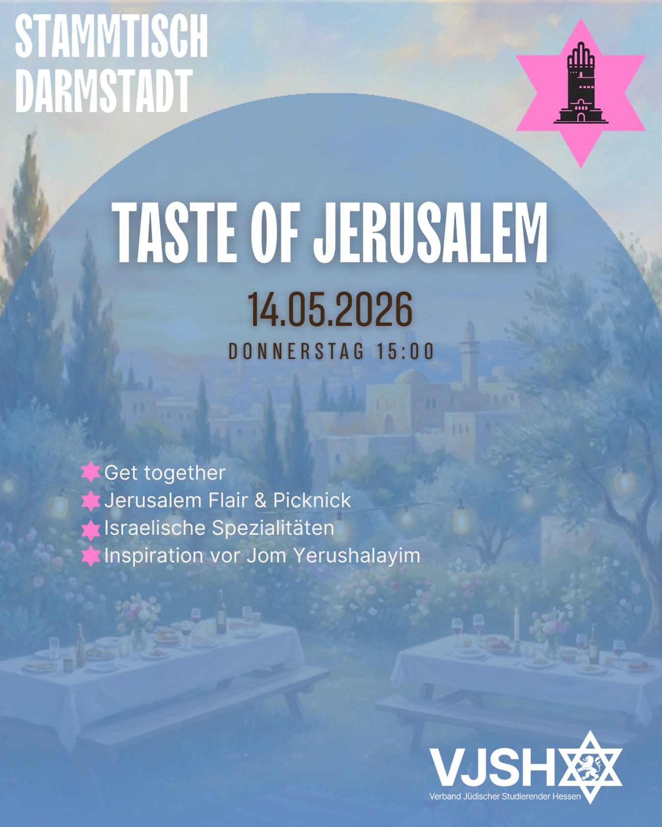 ✨ Taste of Jerusalem ✨
📅 Donnerstag, 14. Mai 2026
🕒 Beginn: 15:00 Uhr
📍 Darmstadt (Location nach Anmeldung)
👥 Zielgruppe: Junge jüdische Erwachsene & Studierende (18–35)
🌇 Worum geht’s?
Am Vortag von Jom Yerushalayim laden wir euch zu einem besonderen Nachmittag unter freiem Himmel ein.
Mit israelischem Essen, entspannter Atmosphäre, Musik und guten Gesprächen möchten wir gemeinsam ein Stück Jerusalem nach Darmstadt bringen.
„Taste of Jerusalem“ verbindet Community, Kultur und persönliche Erinnerungen an eine Stadt, die Menschen auf ganz unterschiedliche Weise berührt.
✨ Was euch erwartet
Israelische Spezialitäten & Picknick
Jerusalem-Vibes & entspannte Atmosphäre
Musik, Gespräche & neue Begegnungen
Inspiration & Community vor Jom Yerushalayim
Ein Nachmittag unter freiem Himmel
✨ Bring einen kleinen Gegenstand mit, den du mit Jerusalem verbindest.
Ein Foto, Souvenir, Buch, Erinnerung oder etwas Persönliches — wir möchten gemeinsam kleine Geschichten und Verbindungen zu Jerusalem teilen.
👉 Anmeldung erforderlich
Die Plätze sind begrenzt.
Der genaue Ort wird nach Anmeldung bekannt gegeben.
🔗 Jetzt anmelden und dabei sein! Link in der Bio