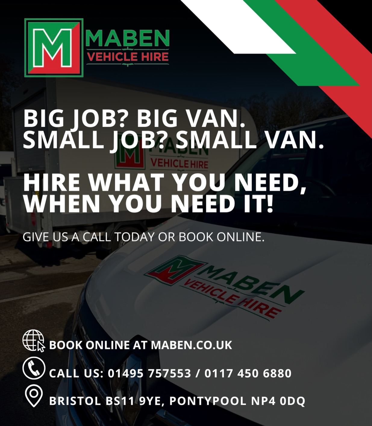 Need a car? 🚘 A small van? 🚐 A big van?
No problem. 😉
Hire what you need, when you need it!
🔴🟢Choose Maben Vehicle Hire for flexible, reliable rentals.
#Bristol #CarHire #VanHire #Vehiclerental #rentacar
