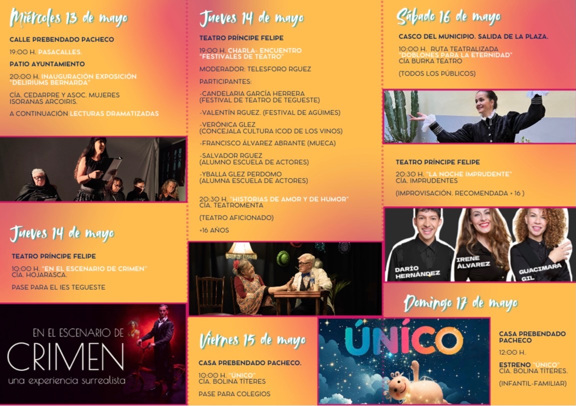 VI FESTIVAL DE TEATRO (TEGUESTE) 🎭
La @cia_hojarasca participará en la programación escolar de la VI edición del Festival de Teatro de Tegueste 2026 con la obra «En el escenario del Crimen: una experiencia surrealista», compartiendo cartel con compañías amigas y cercanas dentro de una propuesta que apuesta por acercar las artes escénicas al alumnado y fortalecer el vínculo entre cultura y educación.
Gracias, al @aytotegueste por seguir impulsando y apoyando este tipo de festivales de teatro y encuentro cultural.
Aquí tienes la programación ¡Toma nota! 📝