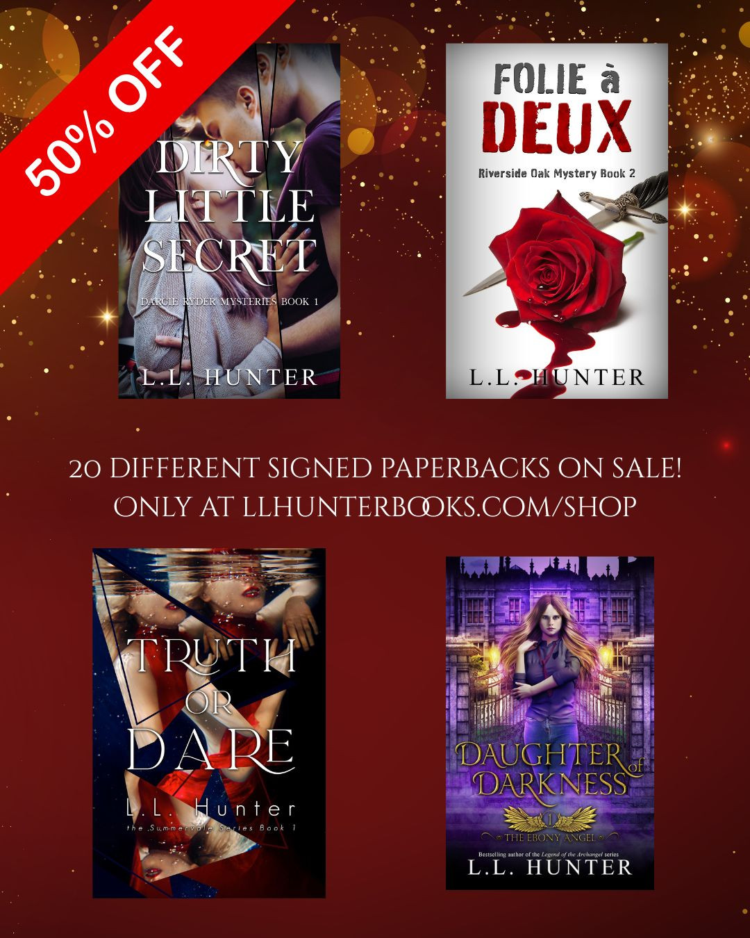 SIGNED PAPERBACK SALE! 50% off 20 + different titles!
I did a thing... I'm clearing my shelves and practically giving away books. So hurry 🏃🏻♀️and snap up the one's you're missing from your collection. 📚️
Only available in my shop: https://www.llhunterbooks.com/shop