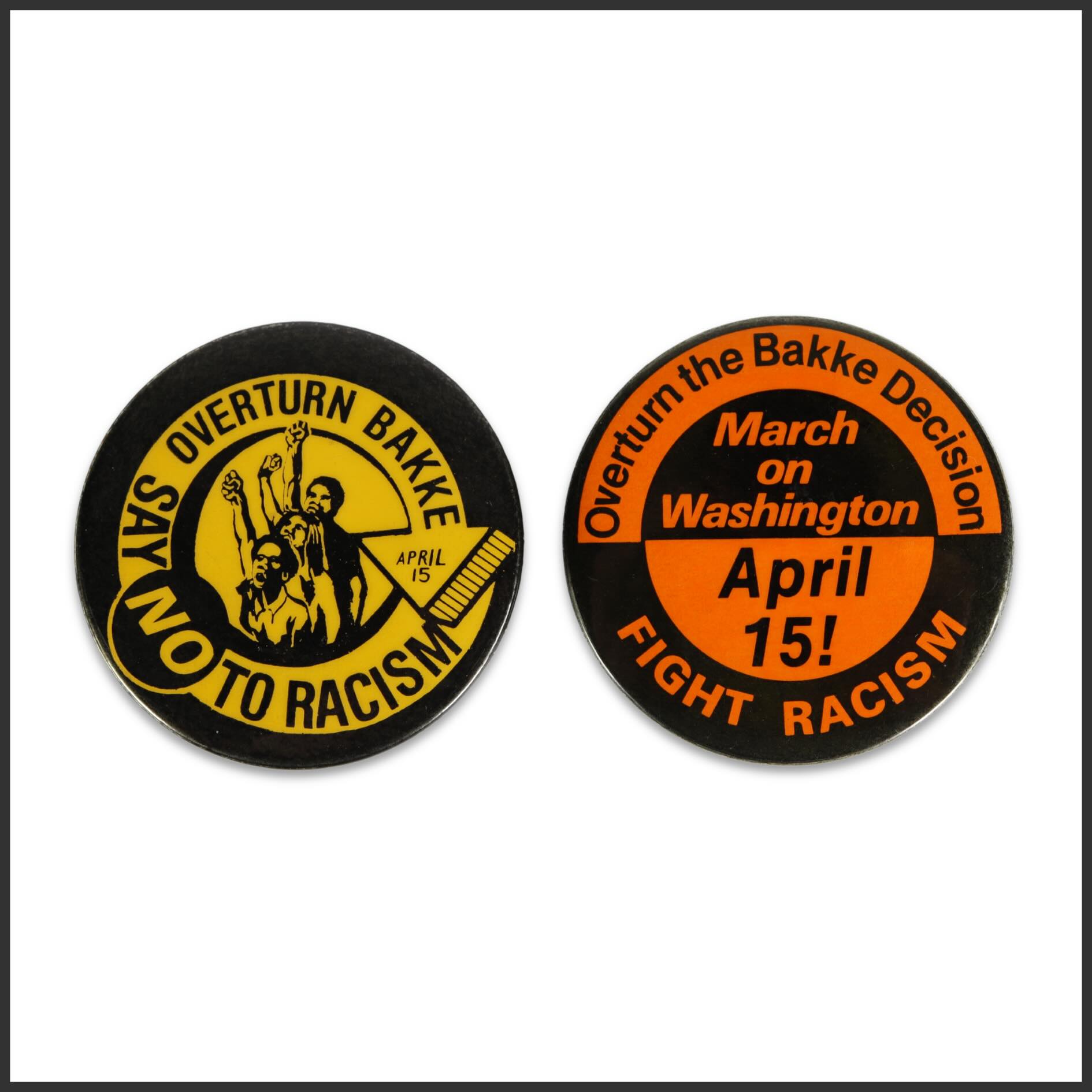 A striking and uncommon pair of protest pinbacks issued in response to Regents of the University of California v. Bakke(1978), the landmark Supreme Court decision that reshaped the national debate over affirmative action. Produced amid nationwide demonstrations, the pair reflects the urgency of a pivotal moment in the struggle over race, access, and equality in America.
Bold in message and graphic in design, these buttons stand as vivid artifacts of late twentieth-century political activism—material expressions of protest that capture the visual language of dissent at the close of the modern civil rights era.
Now available from Gallery 76 Americana.
#Gallery76Americana #Americana #PoliticalAmericana #CivilRights #AffirmativeAction