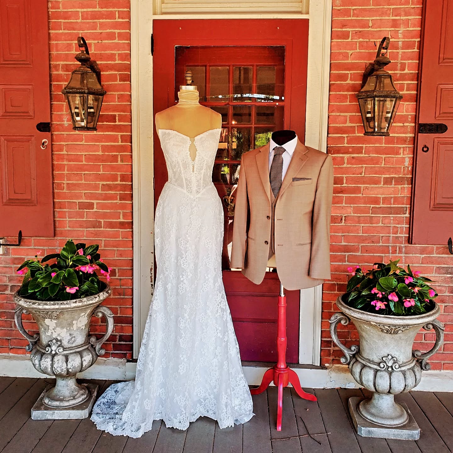 Perfect look for a Spring, Summer and early Fall wedding.
Our Ada gown by @tara_lauren ticks all the right boxes - lace, basque waist and a boned bodice.
Paired with our Wheat Nash by Ike Behar and @tuxedobysarno.
Classic - Elegant - Timeless
" it's all about you"
#laceweddinggown
#basquewaistweddingdress
#weddingtux
#weddingsuit